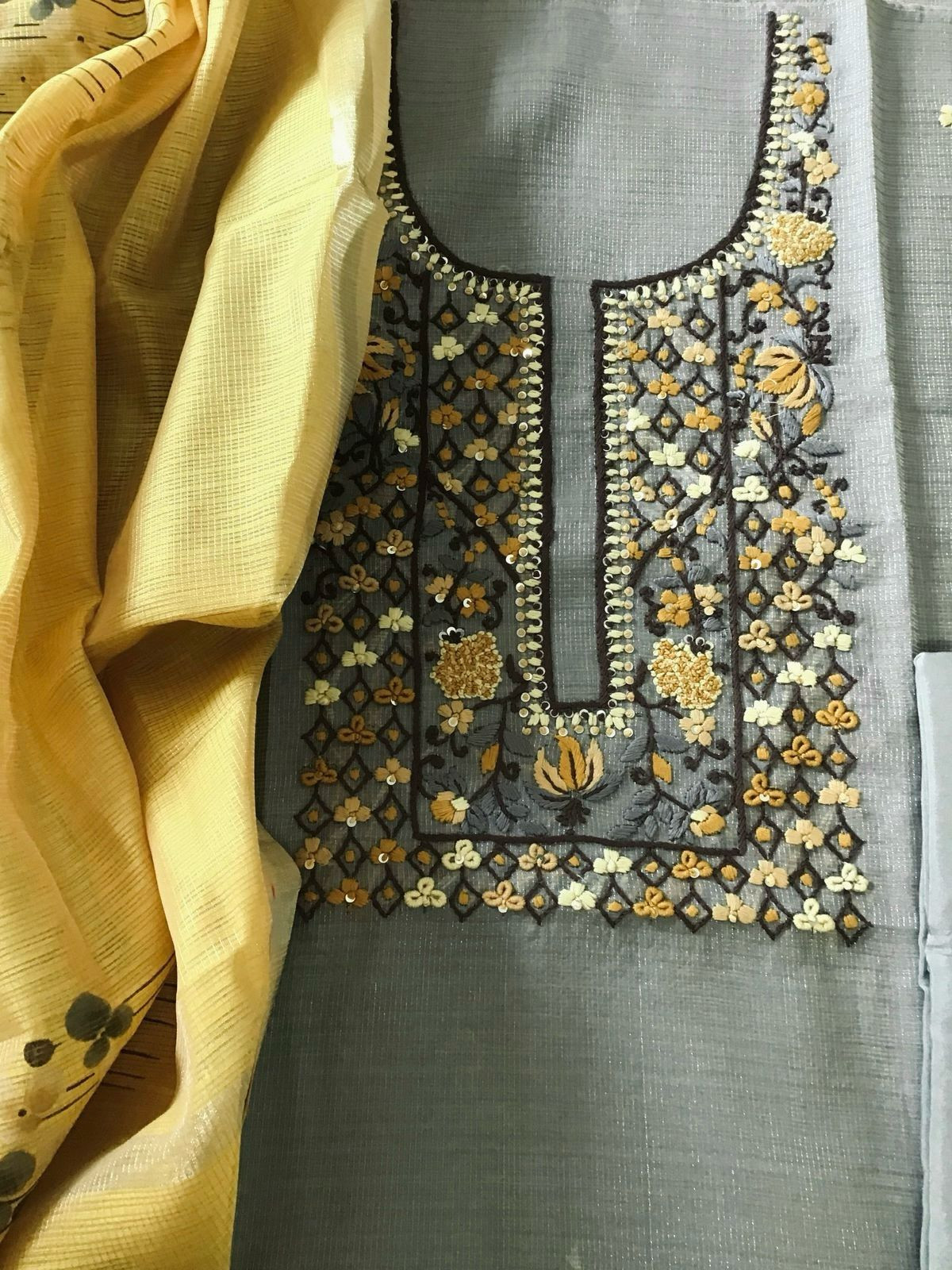 Soft Tissue Kota Silk Printed Embroidered Suit - Grey