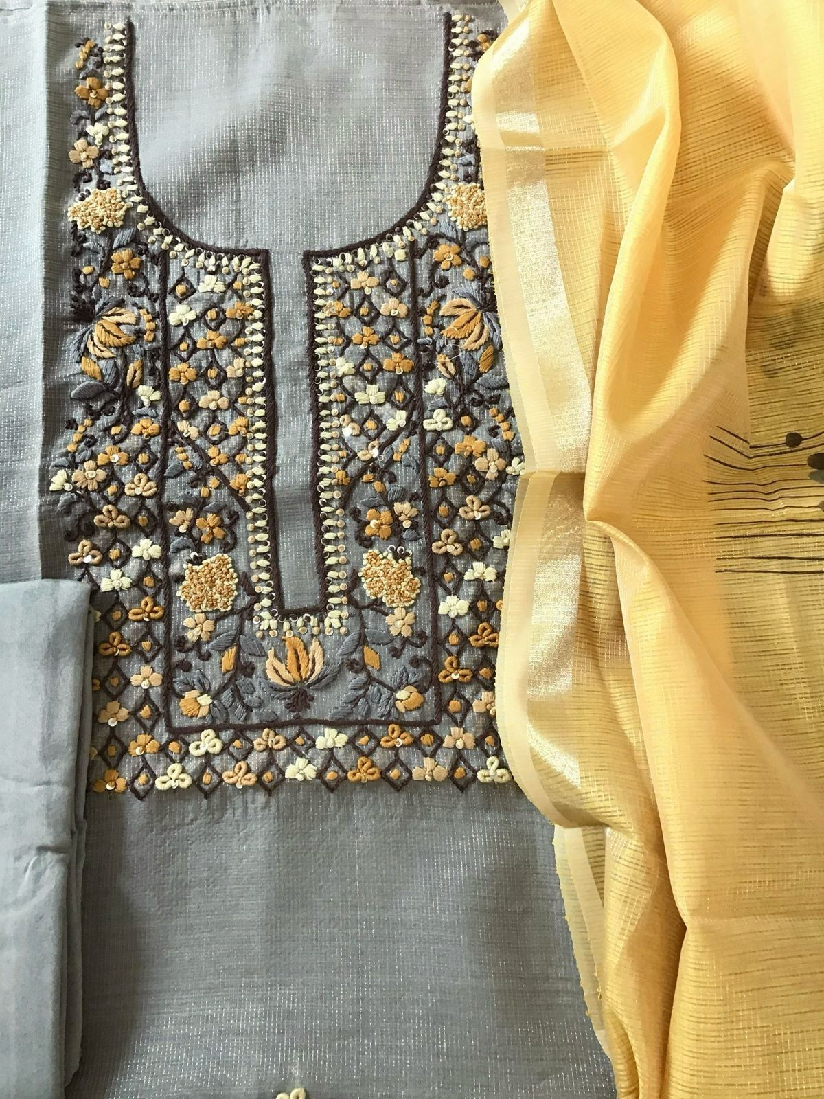 Soft Tissue Kota Silk Printed Embroidered Suit - Grey