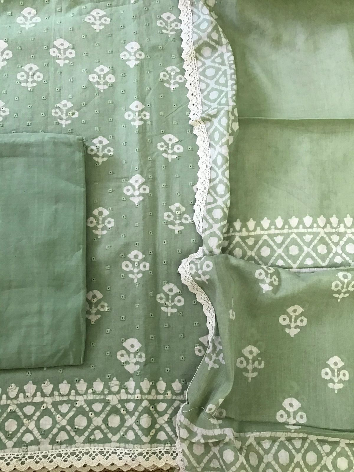 Pure Fine Cotton Batik Printed Embroidered Suit - Green