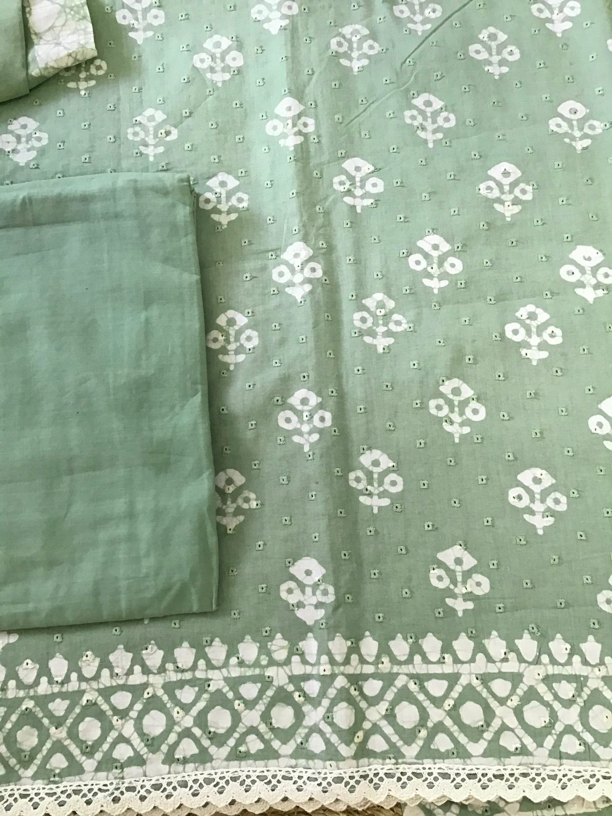Pure Fine Cotton Batik Printed Embroidered Suit - Green