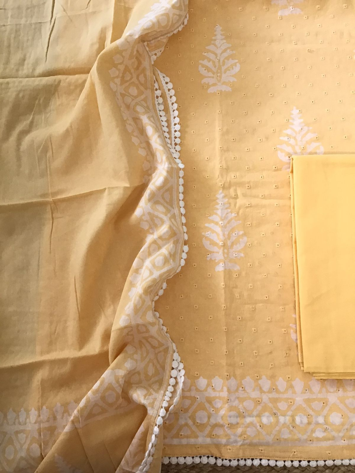 Pure Fine Cotton Batik Printed Embroidered Suit - Orangish Yellow