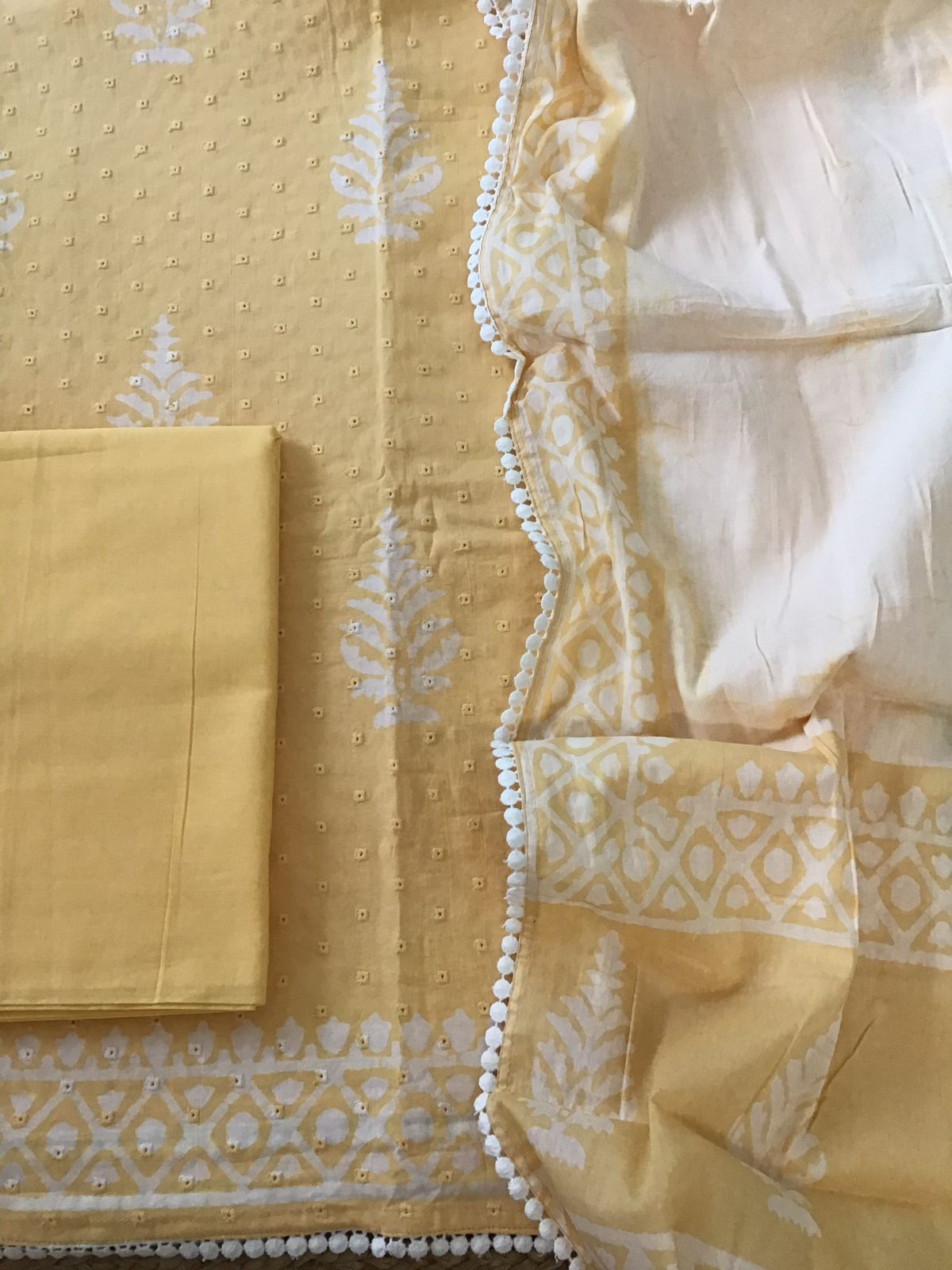 Pure Fine Cotton Batik Printed Embroidered Suit - Orangish Yellow