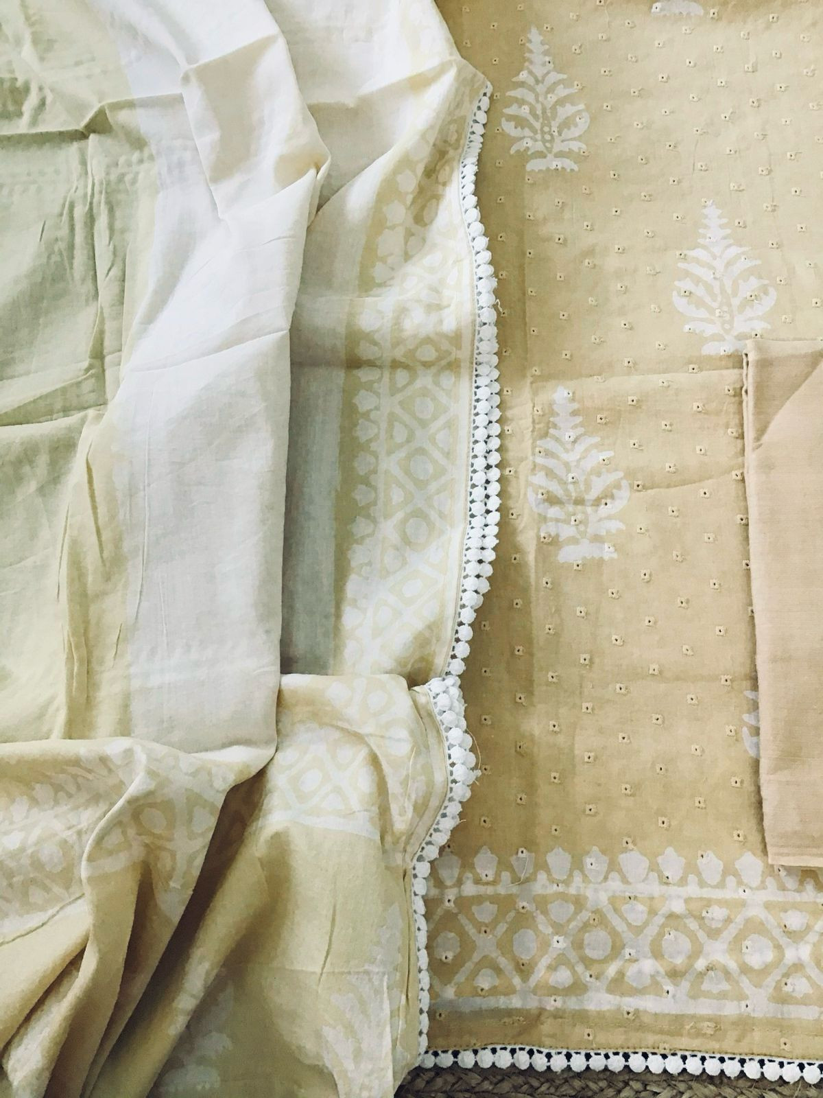 Pure Fine Cotton Batik Printed Embroidered Suit - Beige