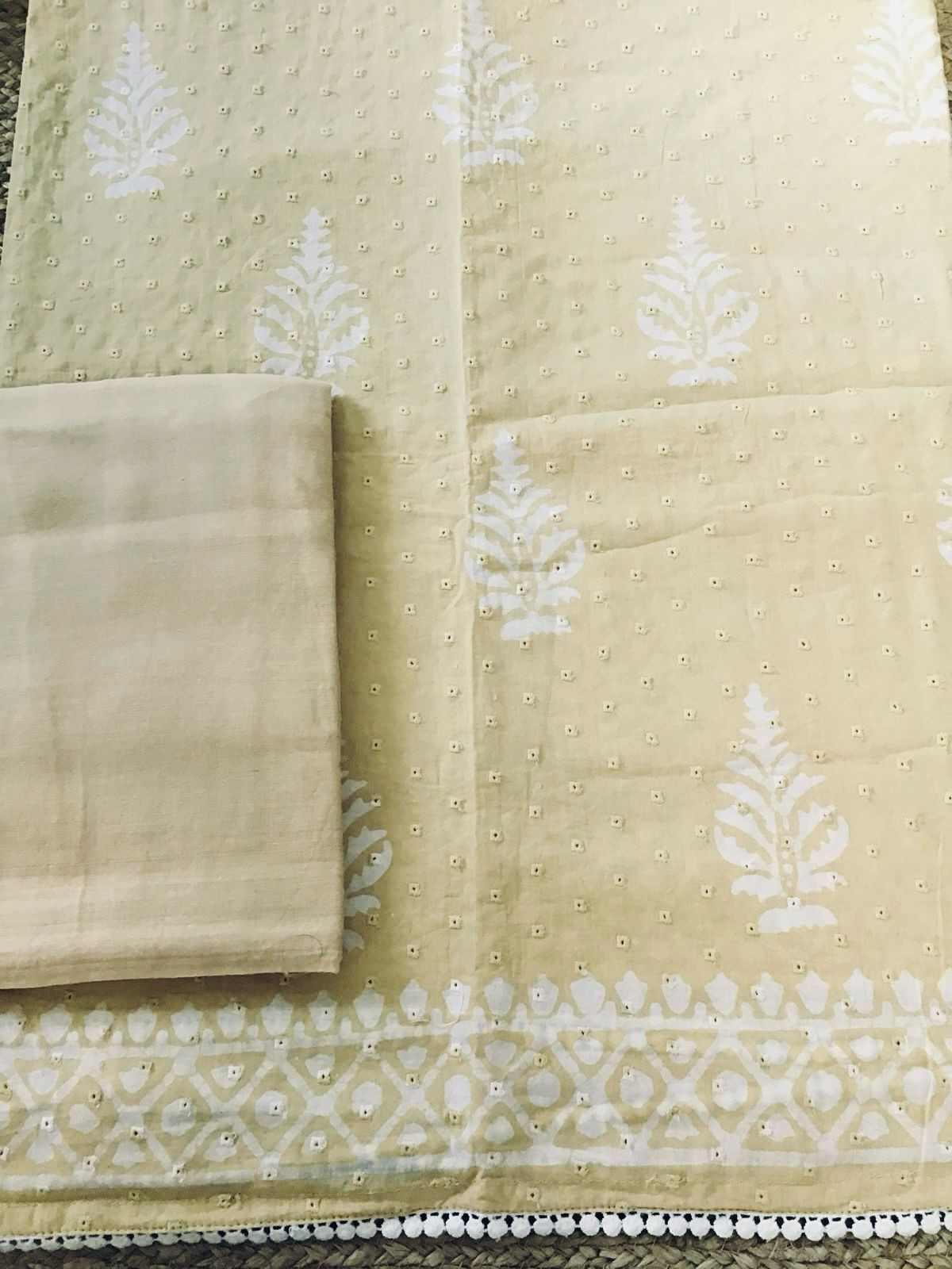 Pure Fine Cotton Batik Printed Embroidered Suit - Beige