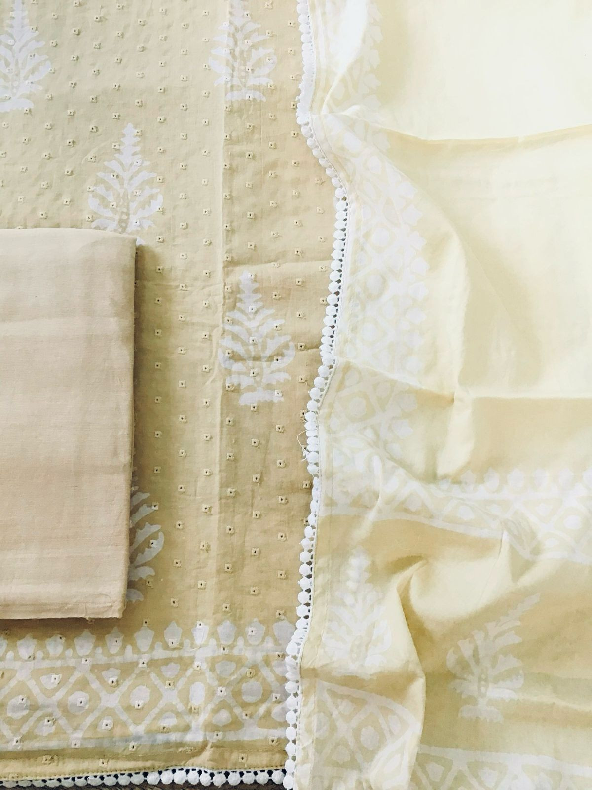 Pure Fine Cotton Batik Printed Embroidered Suit - Beige