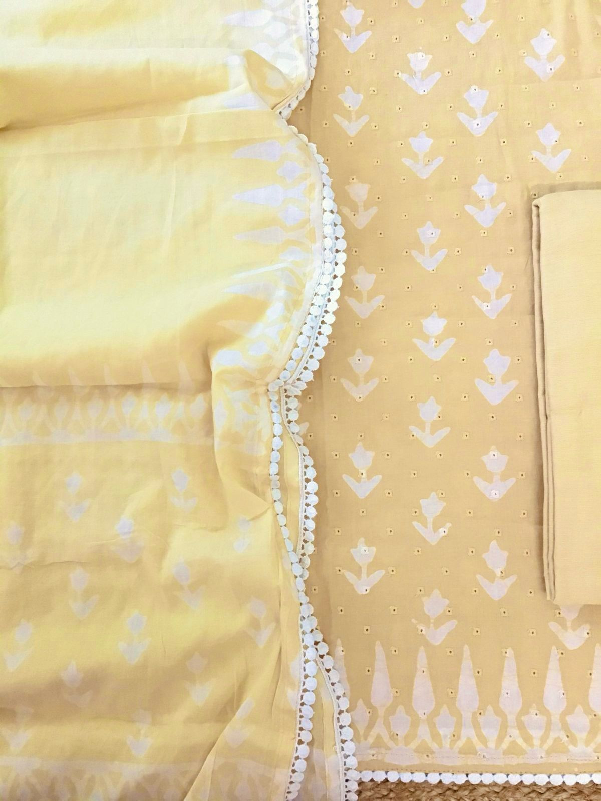 Pure Fine Cotton Batik Printed Embroidered Suit - Orangish Yellow