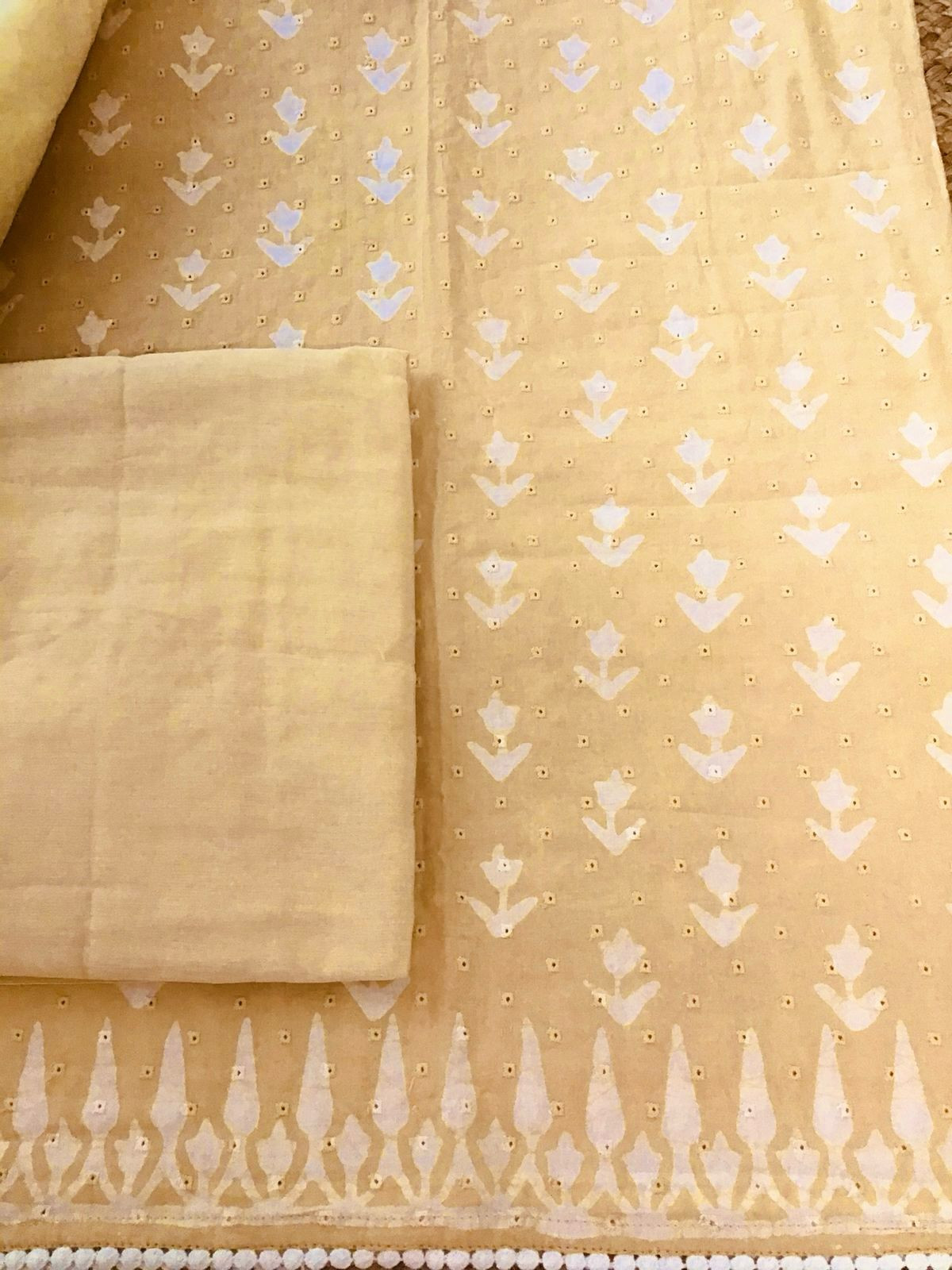 Pure Fine Cotton Batik Printed Embroidered Suit - Orangish Yellow