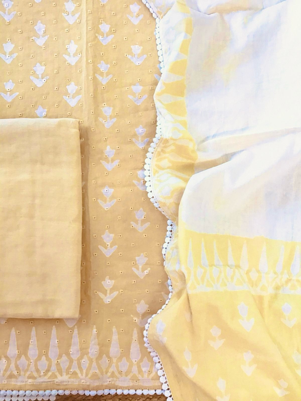 Pure Fine Cotton Batik Printed Embroidered Suit - Orangish Yellow