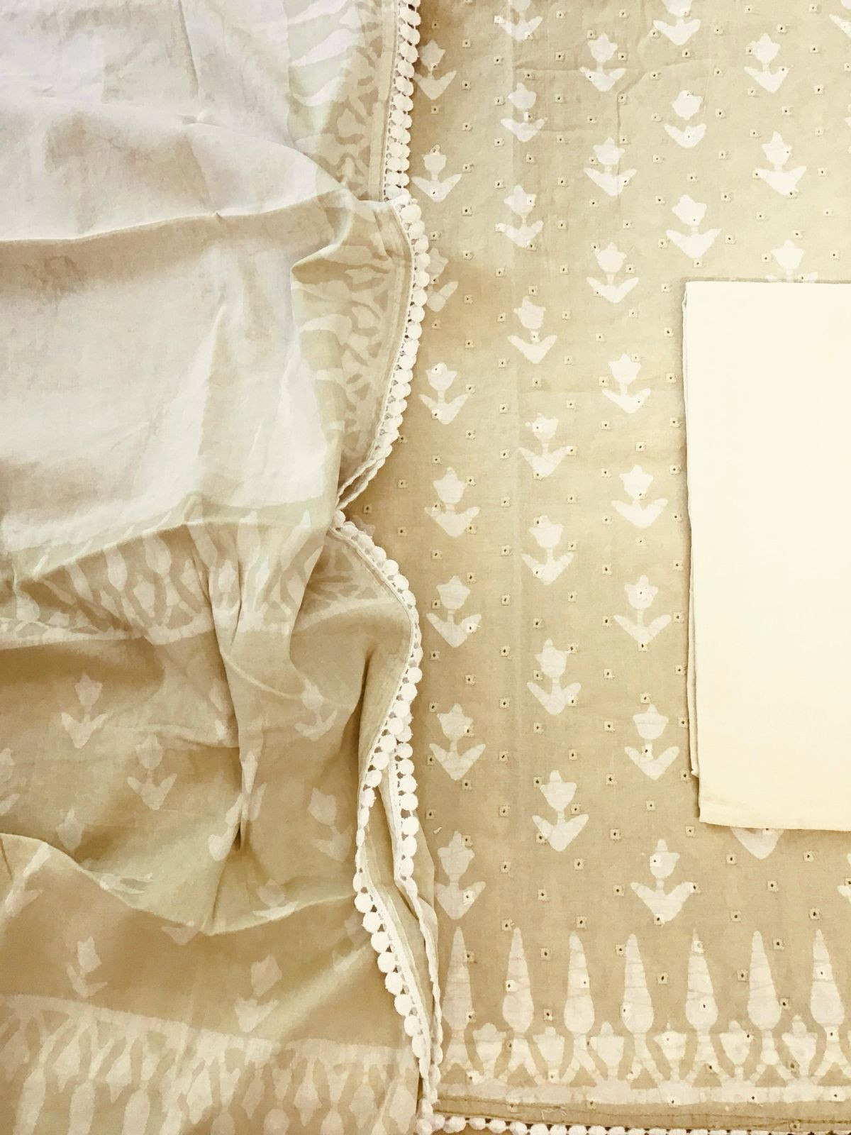 Pure Fine Cotton Batik Printed Embroidered Suit - Beige