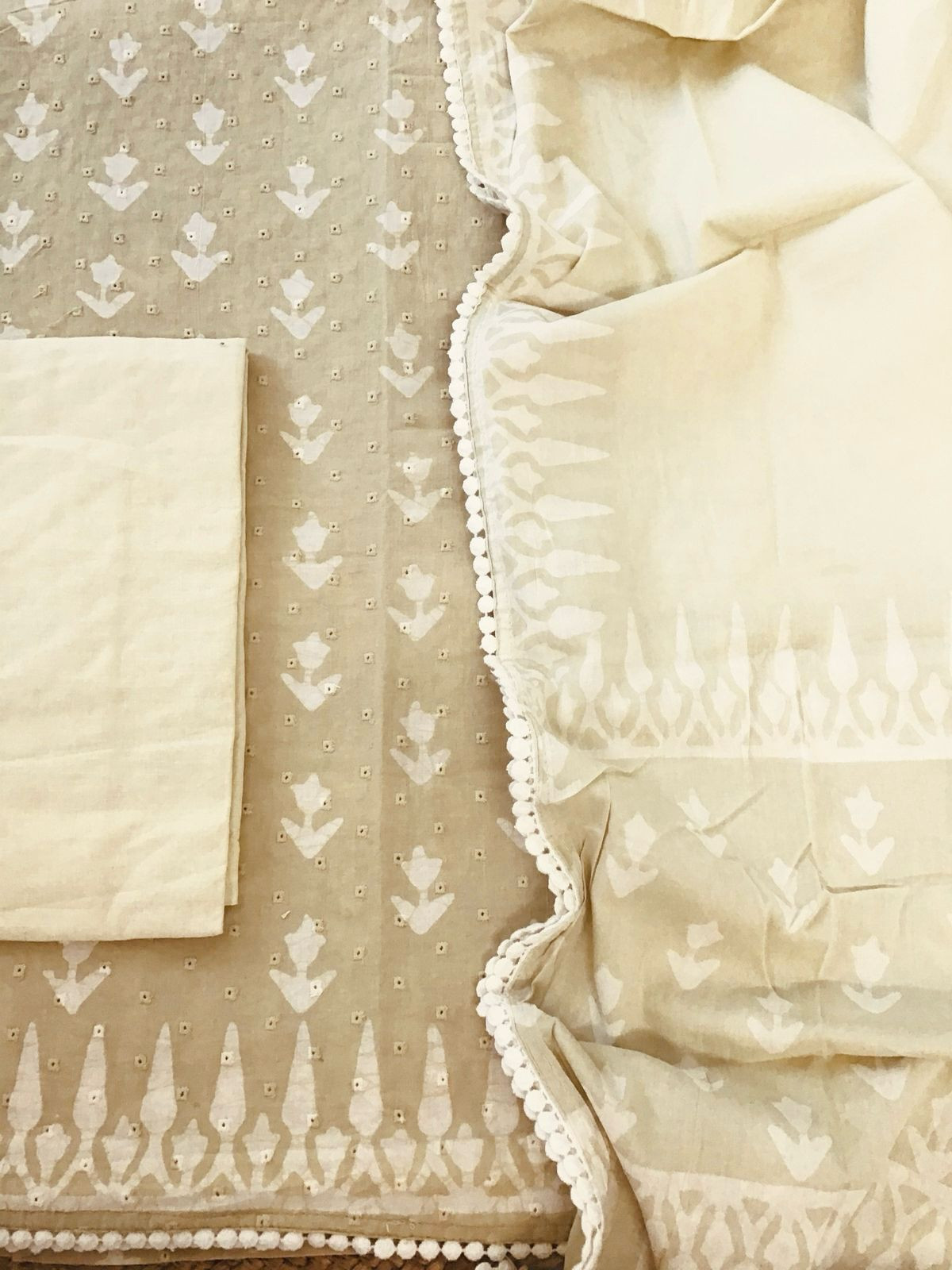 Pure Fine Cotton Batik Printed Embroidered Suit - Beige