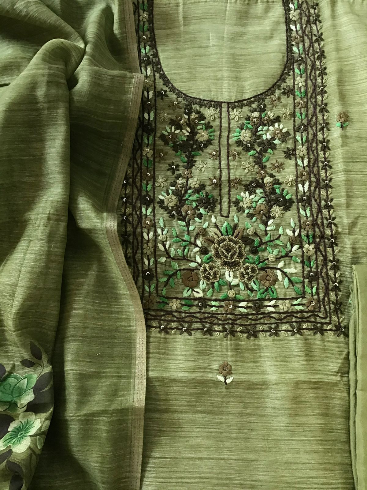 Soft Slub Chanderi Embroidered Suit - Green