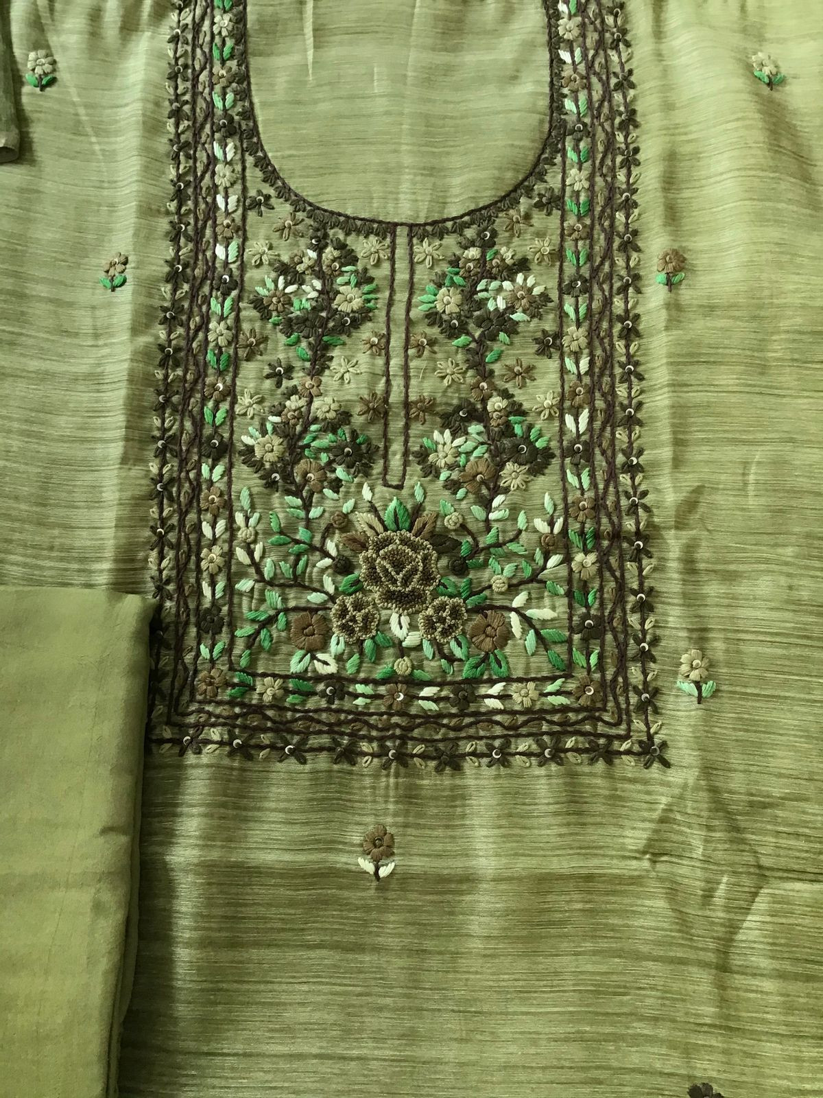 Soft Slub Chanderi Embroidered Suit - Green