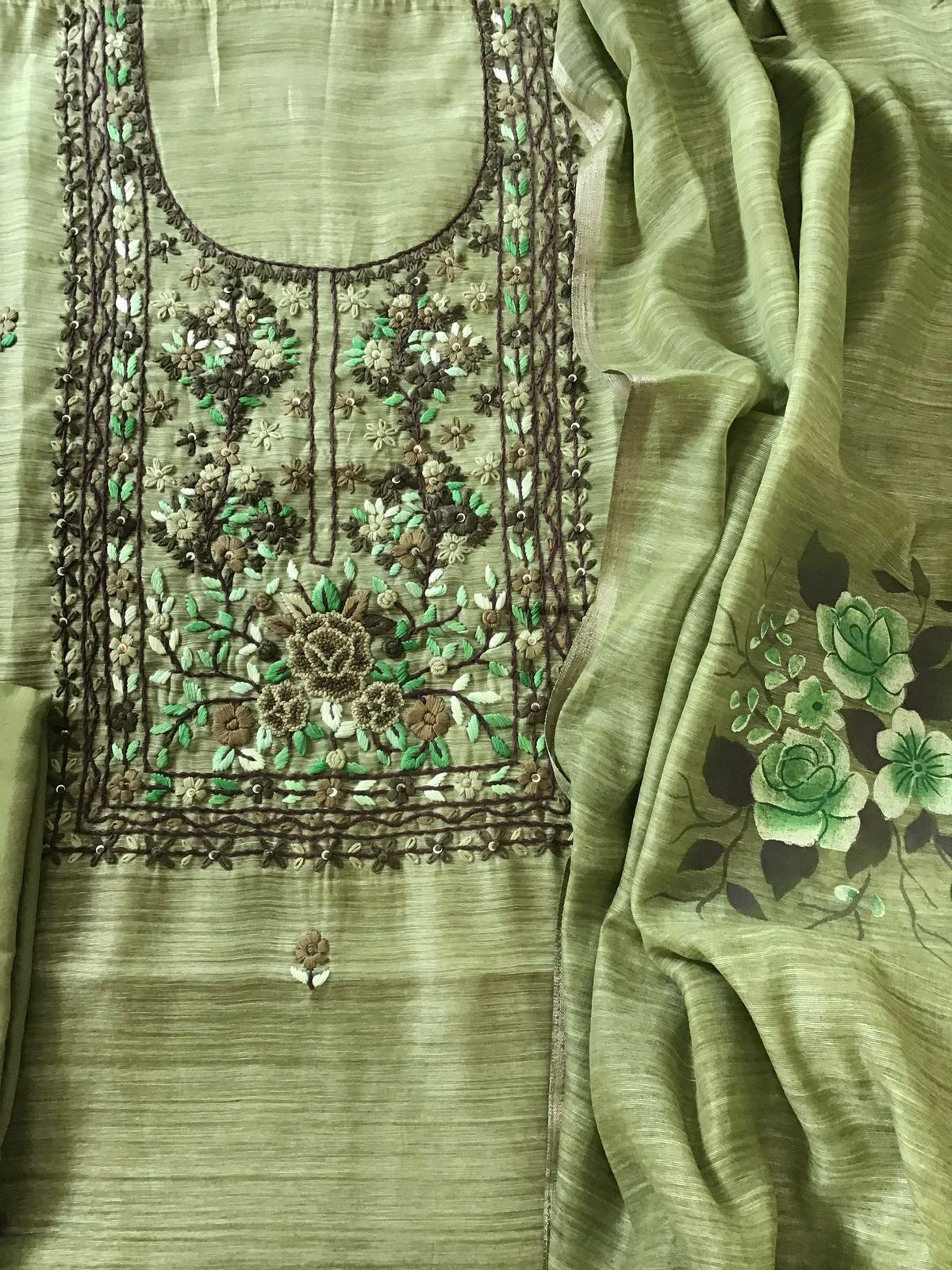 Soft Slub Chanderi Embroidered Suit - Green