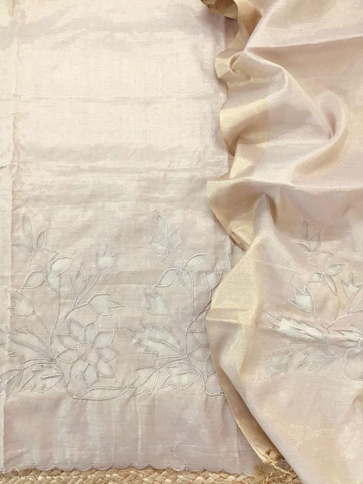 Soft Tissue Chanderi Embroidered Suit - Beige