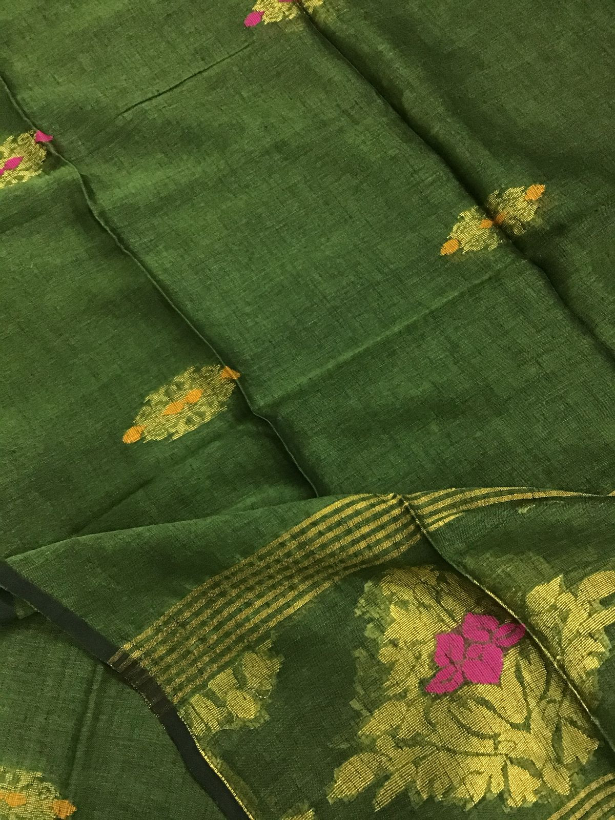 Pure Linen Jute Cotton Self Weaved Kurta Dupatta Set - Green