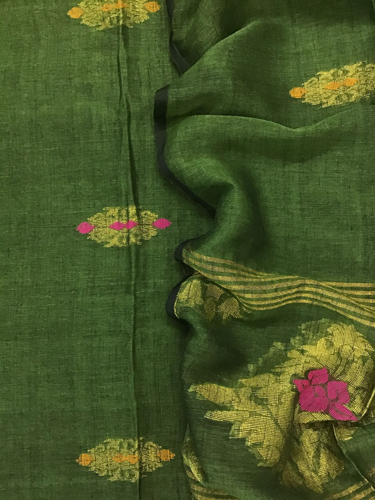 Pure Linen Jute Cotton Self Weaved Kurta Dupatta Set - Green