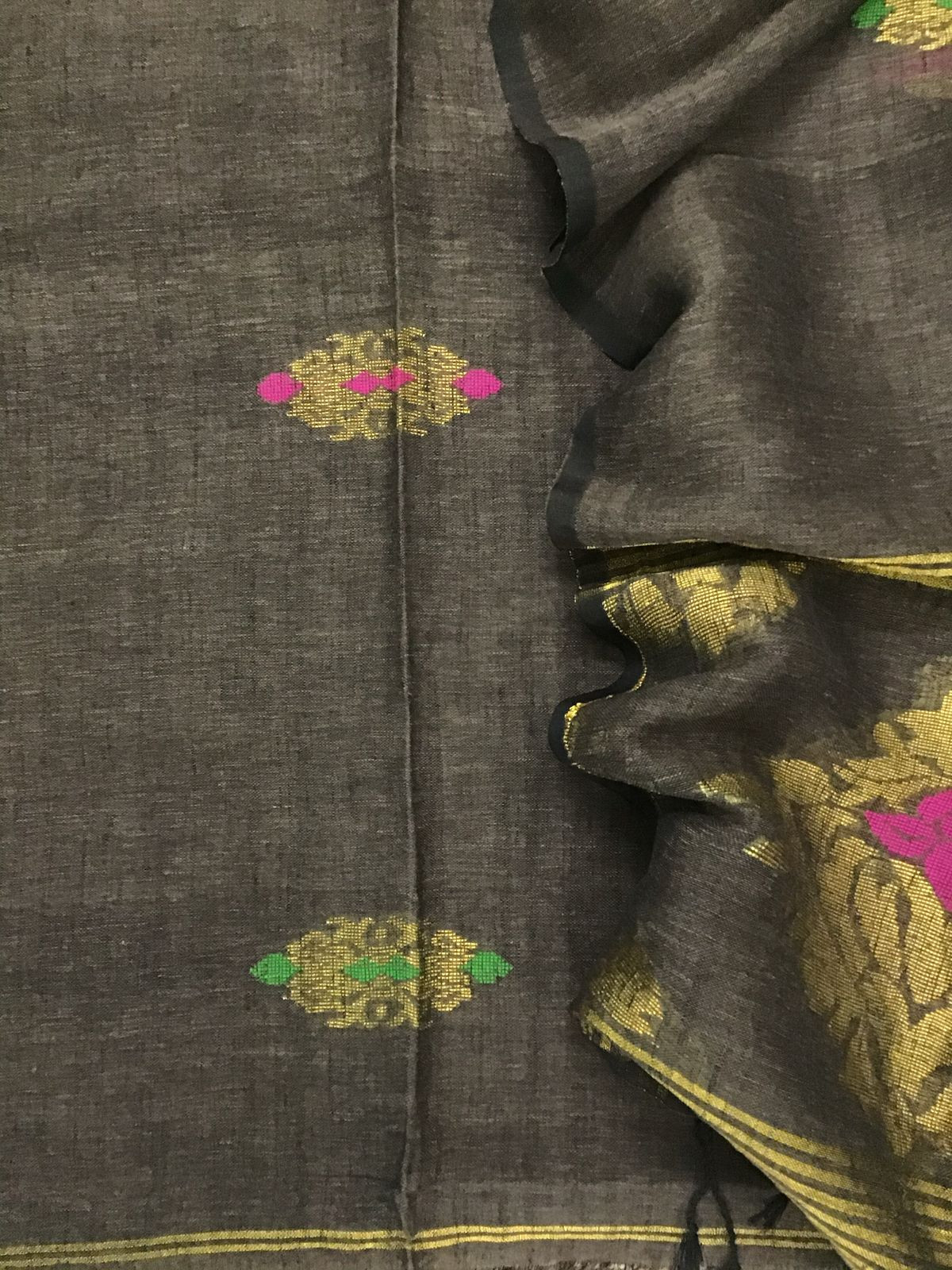 Pure Linen Jute Cotton Self Weaved Kurta Dupatta Set - Brownish Grey