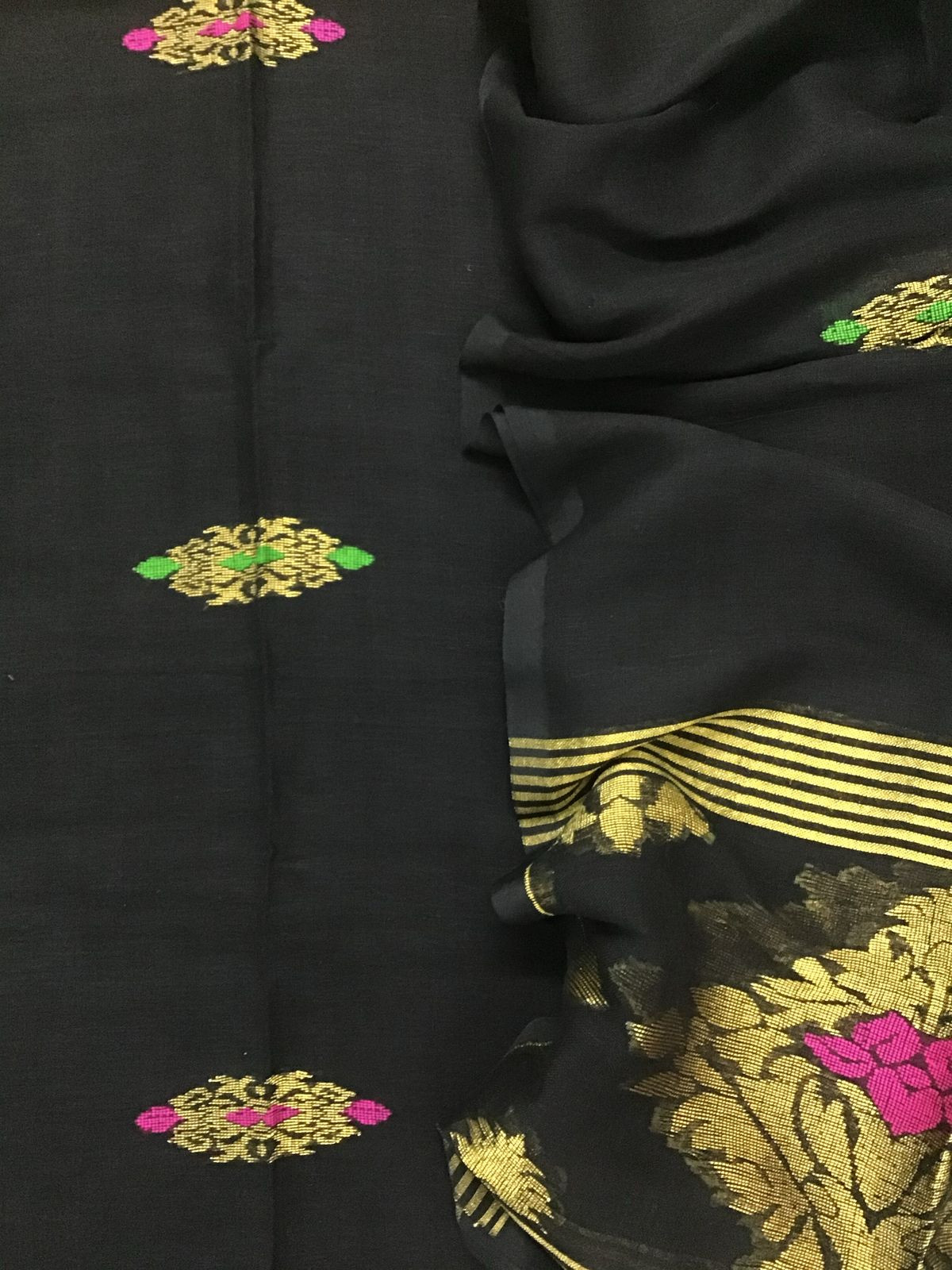 Pure Linen Jute Cotton Self Weaved Kurta Dupatta Set - Black