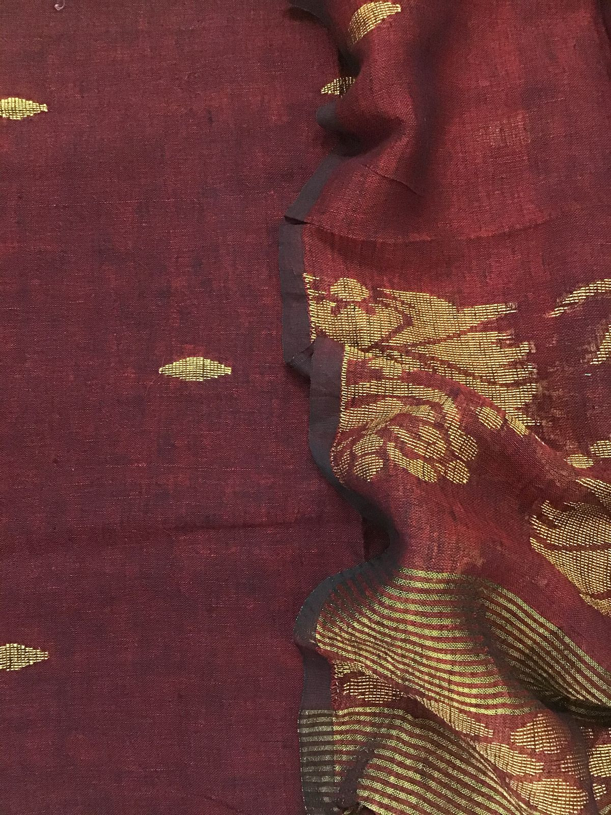 Pure Linen Jute Cotton Self Weaved Kurta Dupatta Set - Maroon