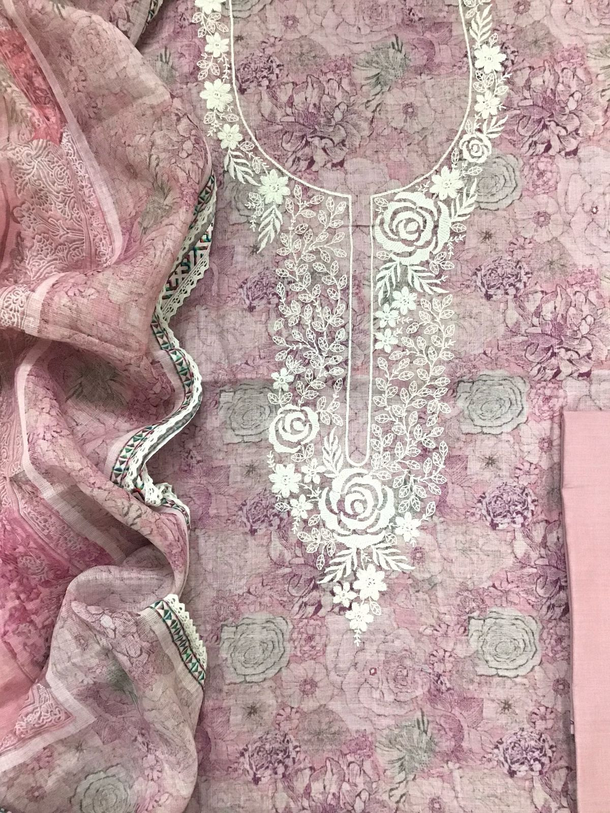 Soft Linen Jute Cotton Printed Embroidered Suit - Pink