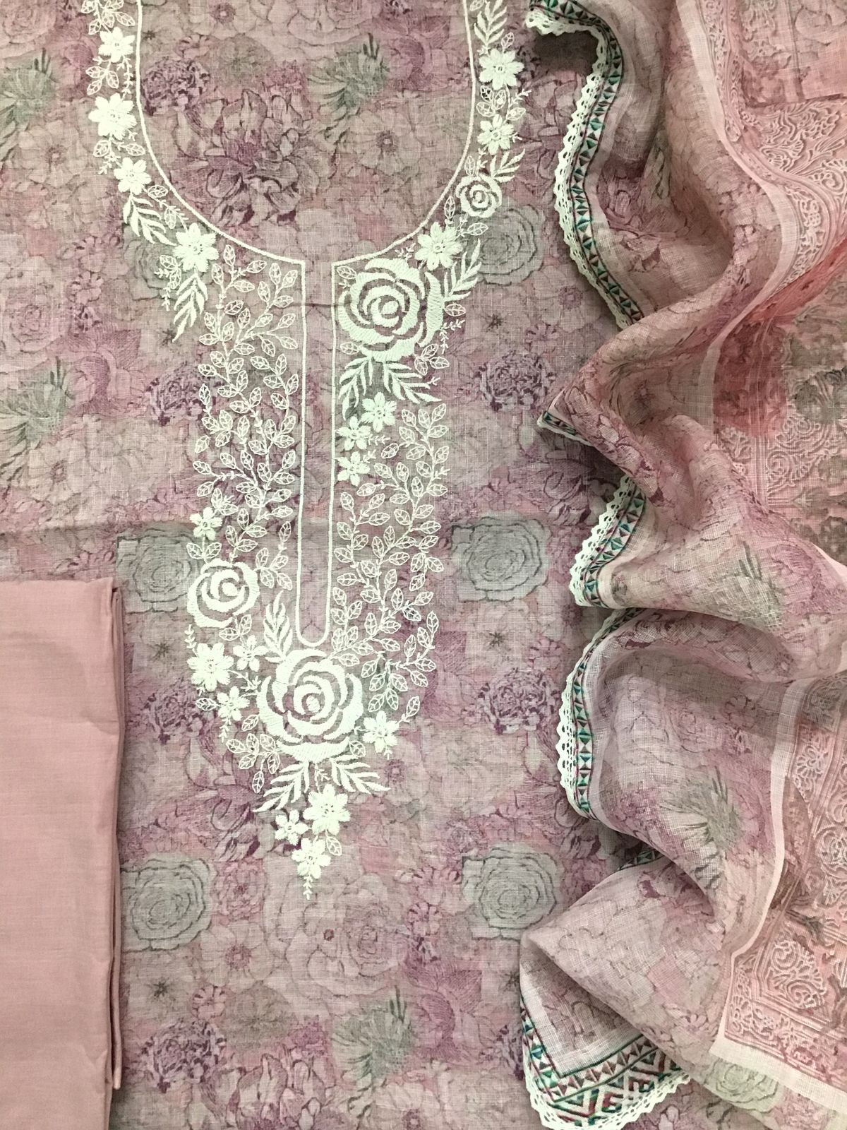 Soft Linen Jute Cotton Printed Embroidered Suit - Pink