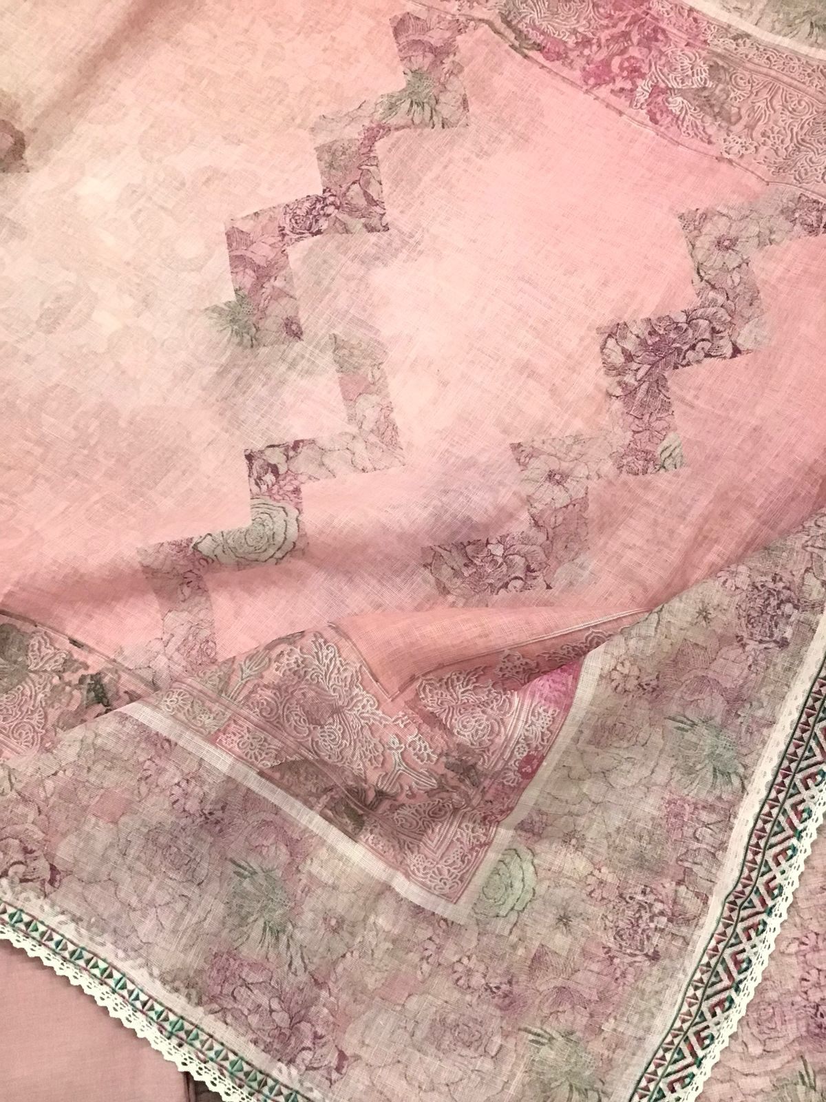 Soft Linen Jute Cotton Printed Embroidered Suit - Pink