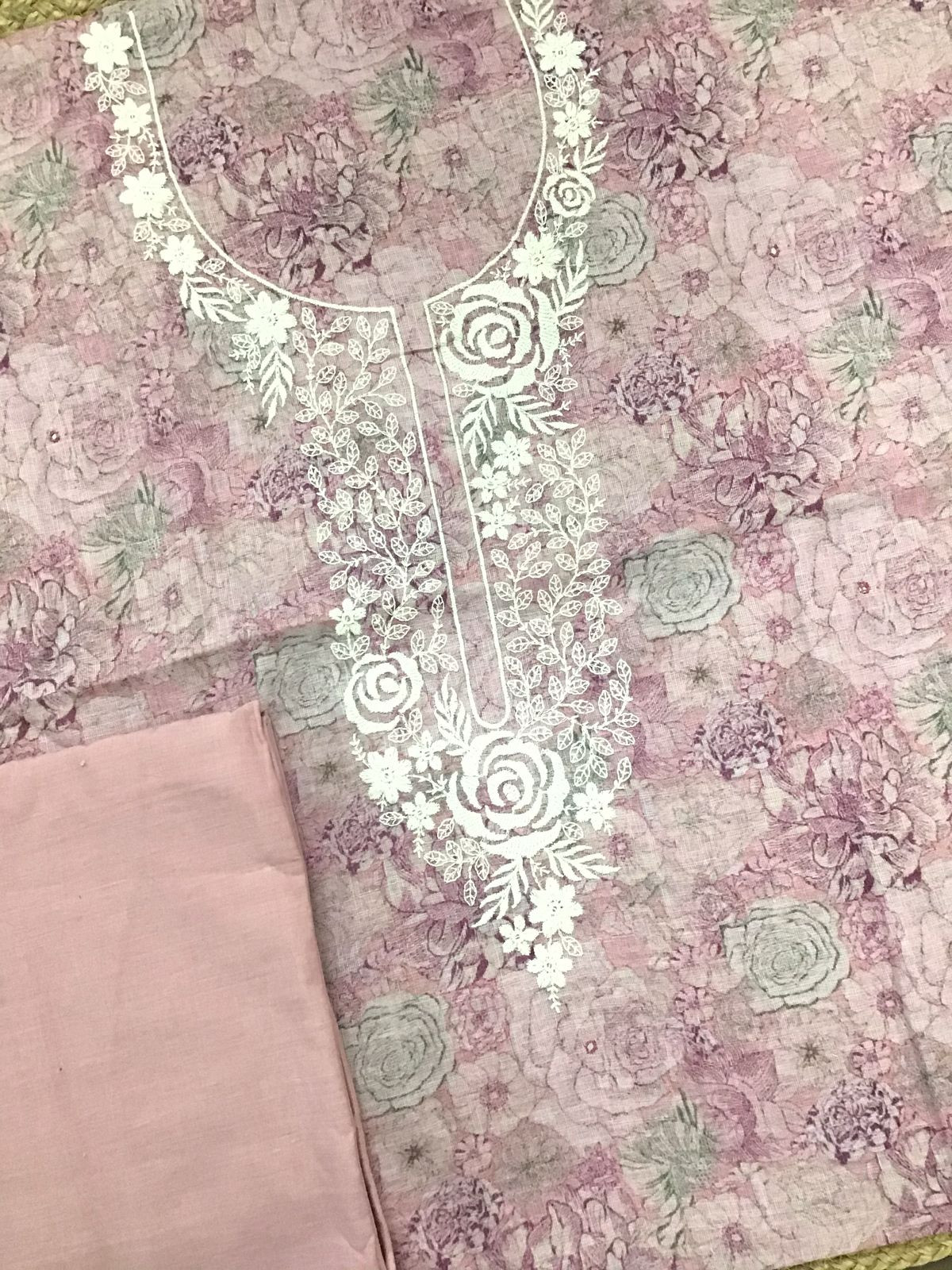 Soft Linen Jute Cotton Printed Embroidered Suit - Pink