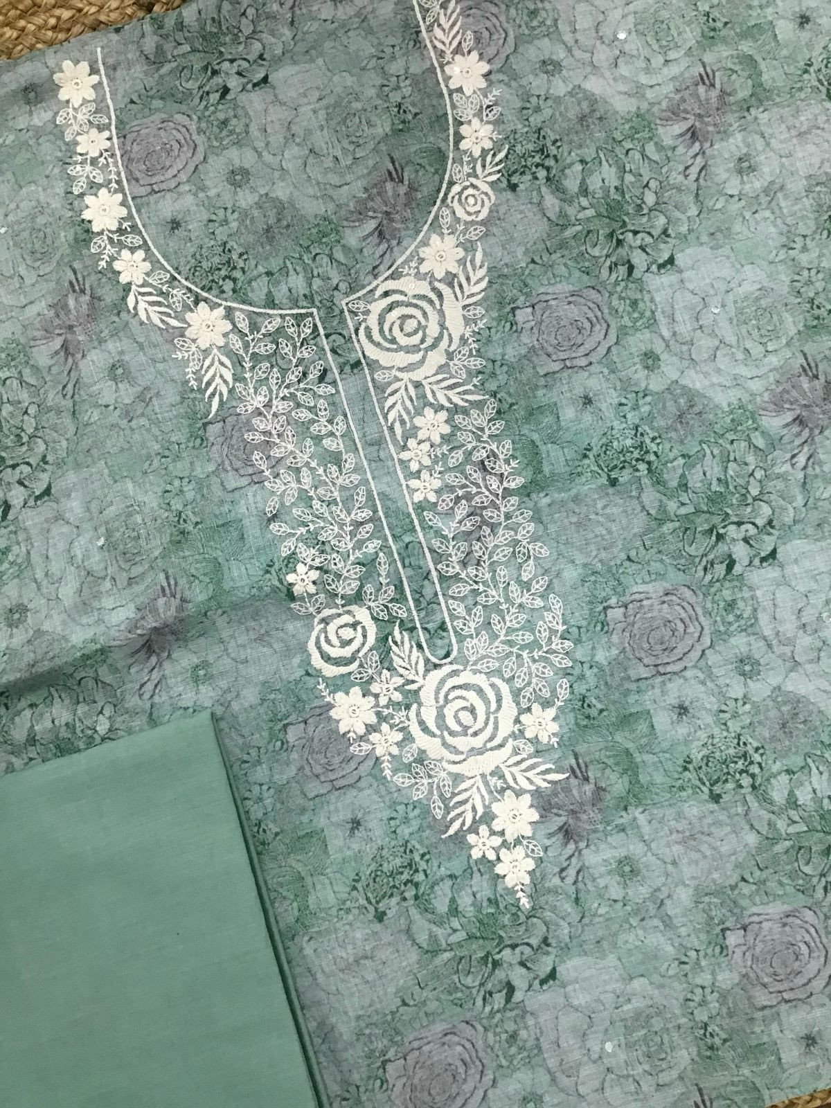 Soft Linen Jute Cotton Printed Embroidered Suit - Green