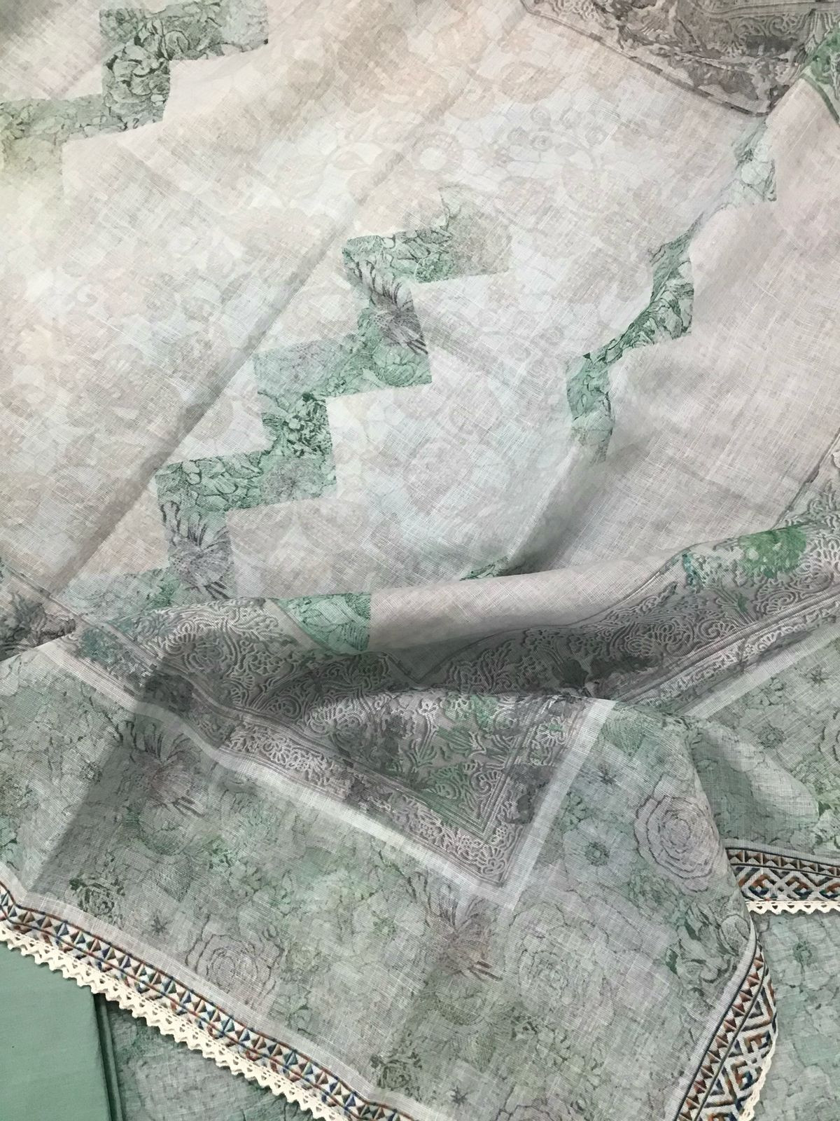 Soft Linen Jute Cotton Printed Embroidered Suit - Green