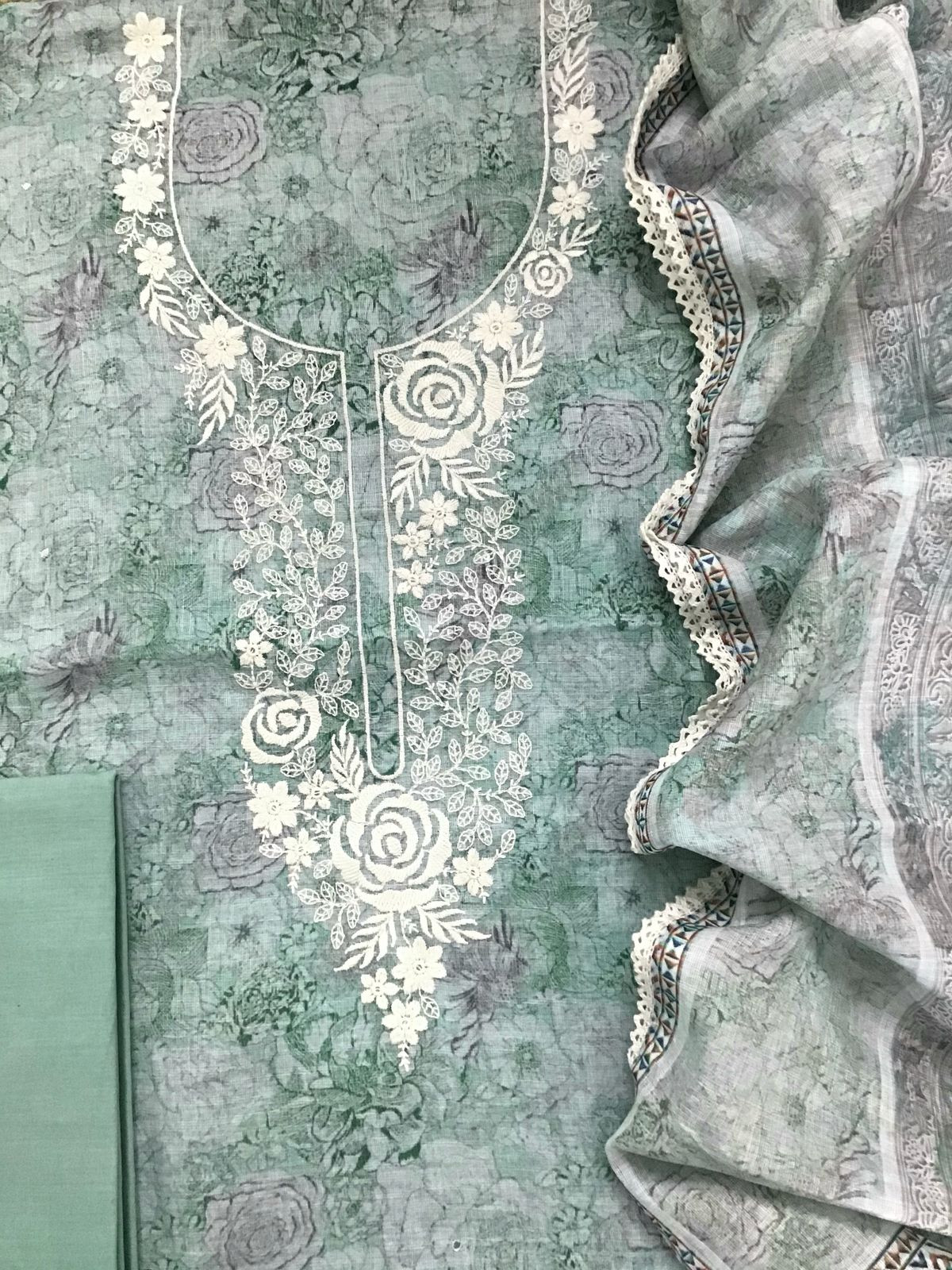 Soft Linen Jute Cotton Printed Embroidered Suit - Green