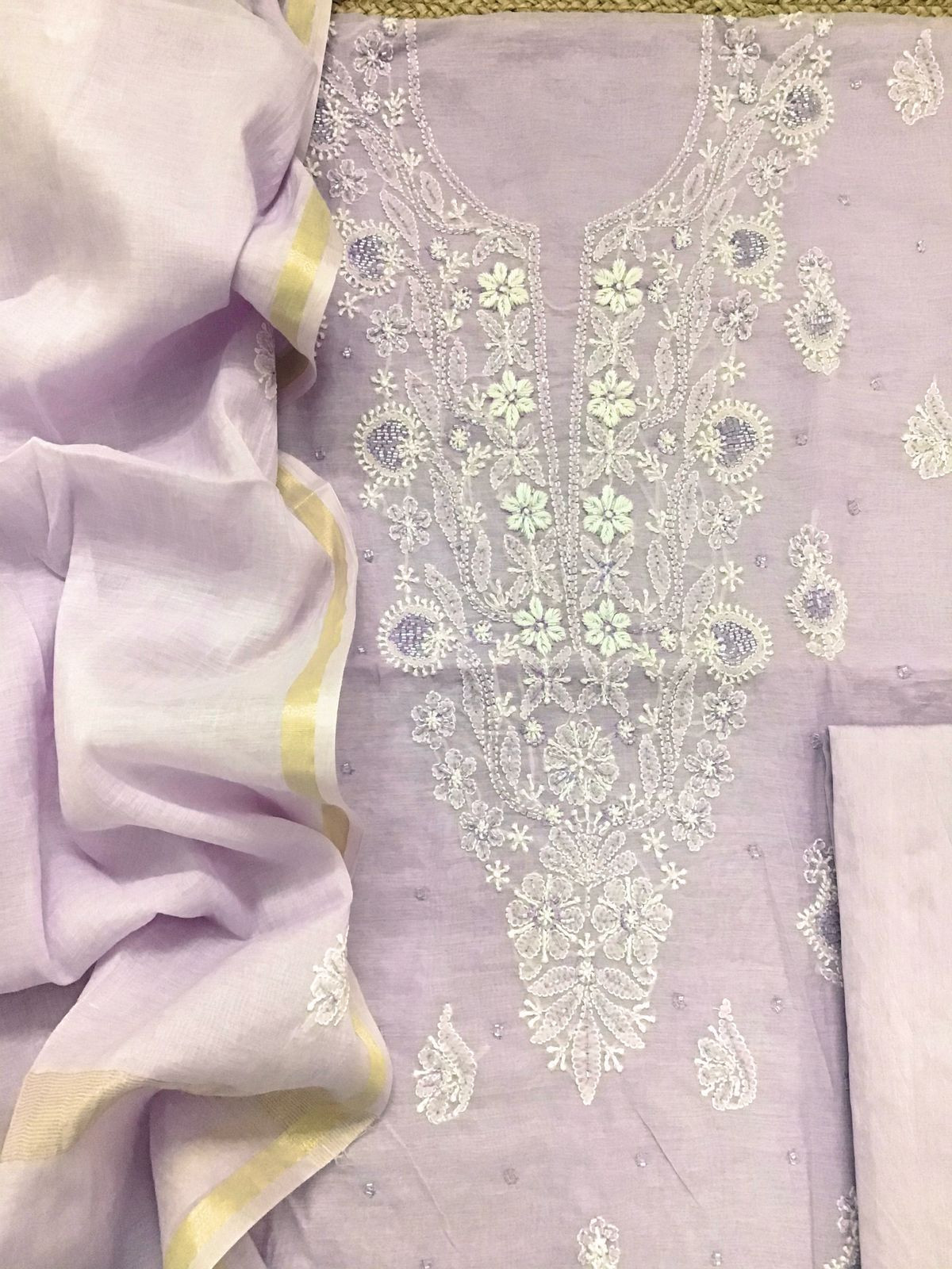 Pure Chanderi Chikankari Work Suit - Lavender
