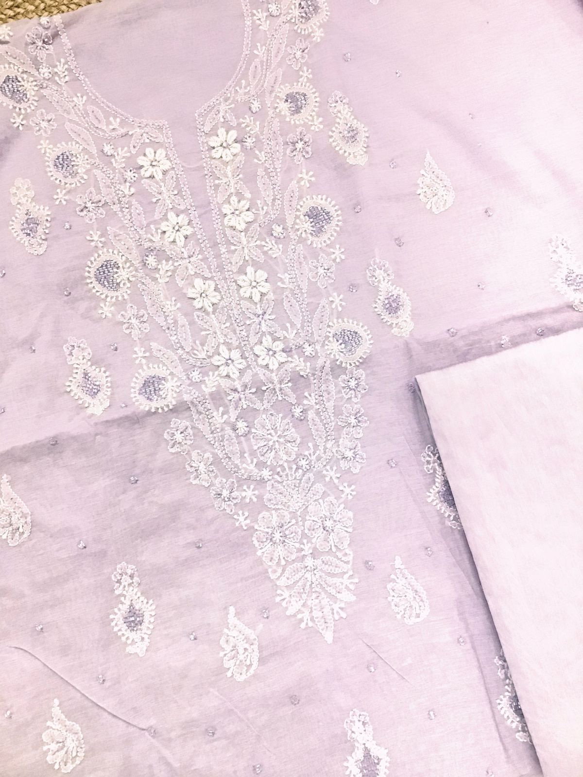 Pure Chanderi Chikankari Work Suit - Lavender