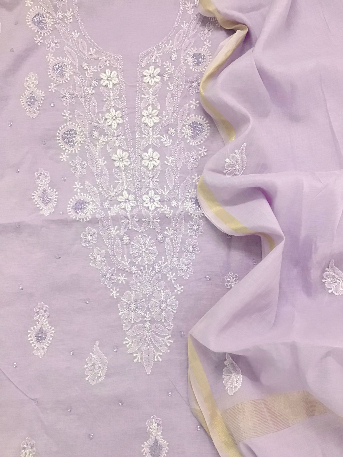 Pure Chanderi Chikankari Work Suit - Lavender