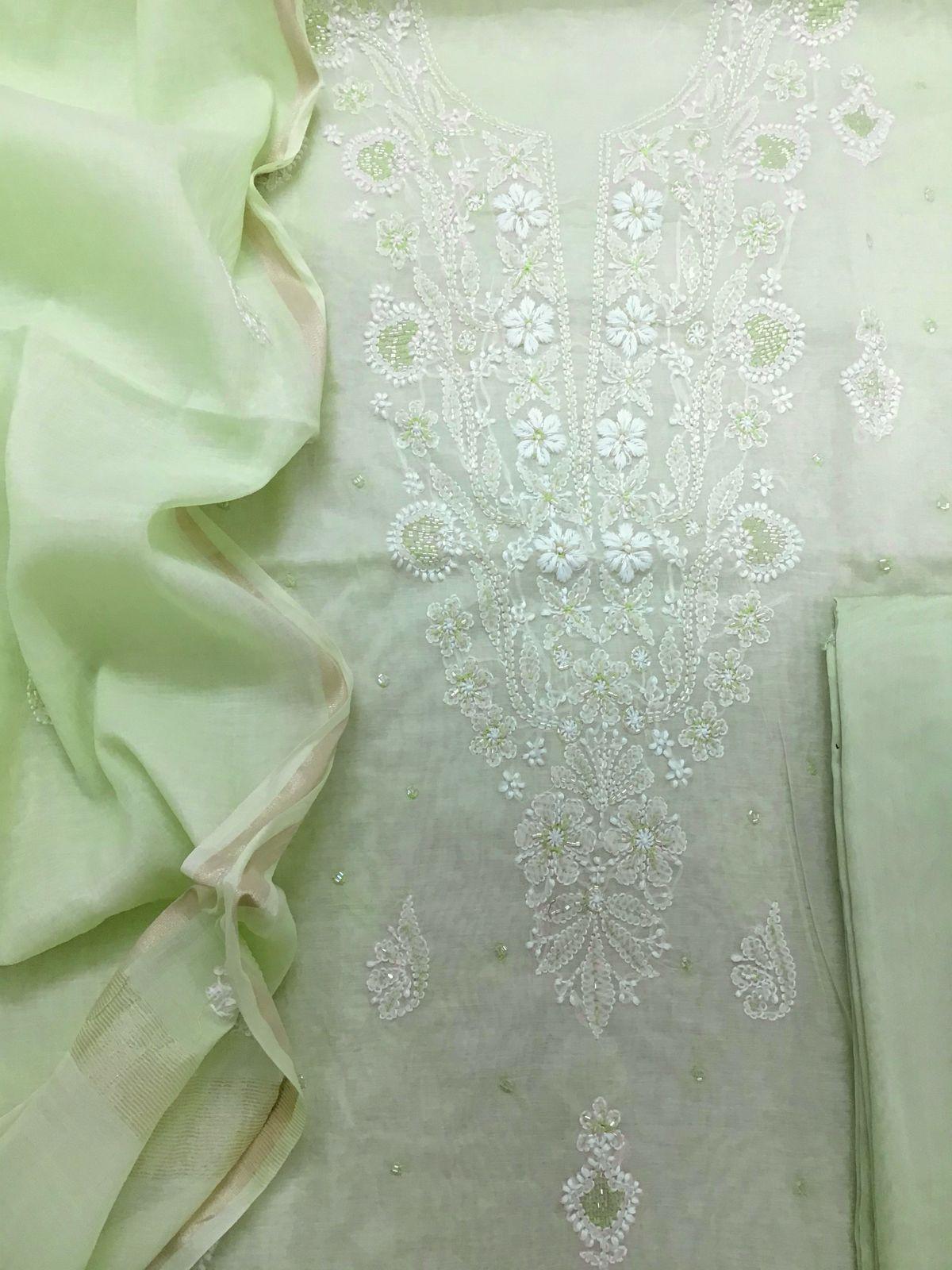 Pure Chanderi Chikankari Work Suit - Lime Green