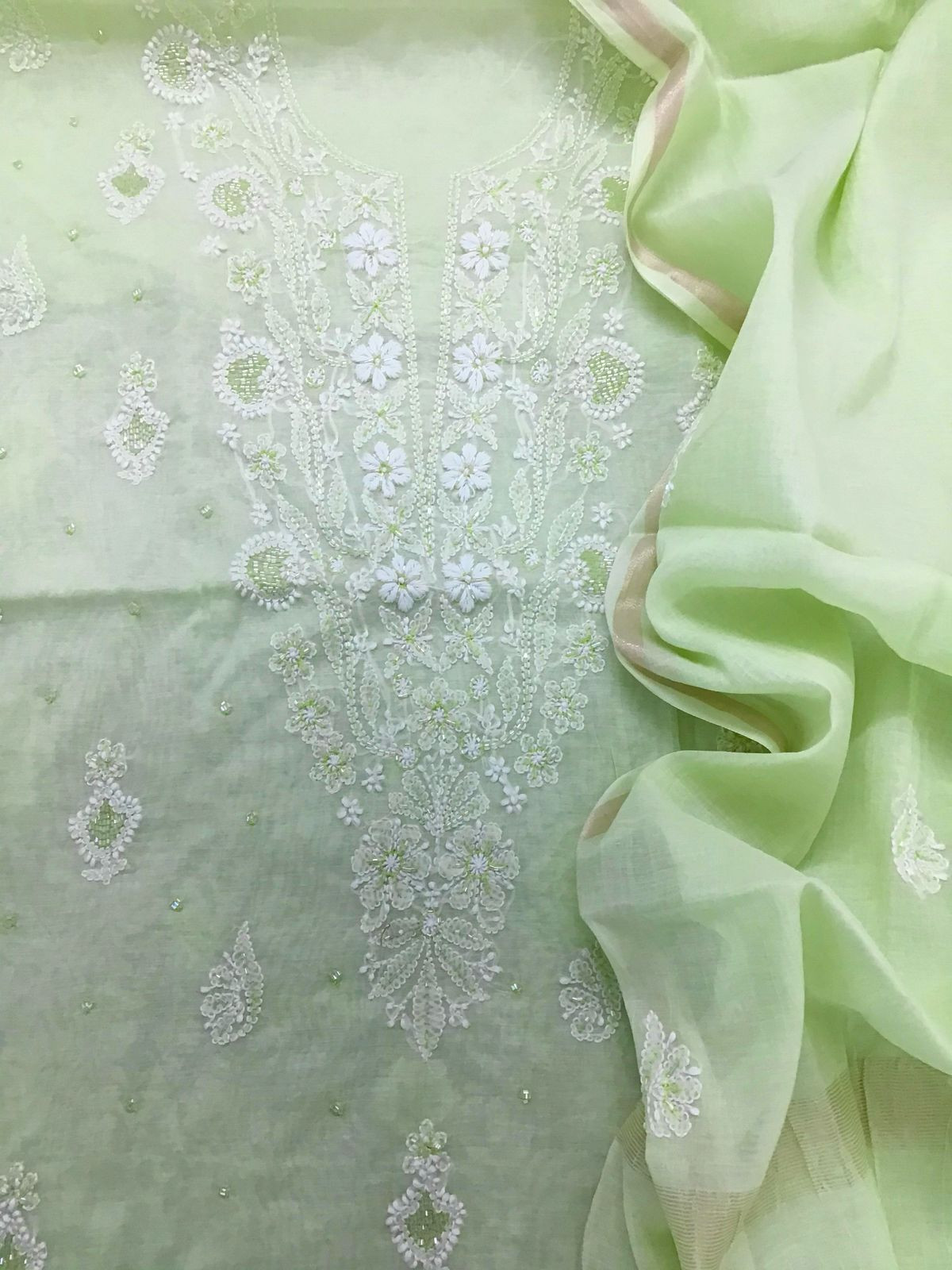 Pure Chanderi Chikankari Work Suit - Lime Green