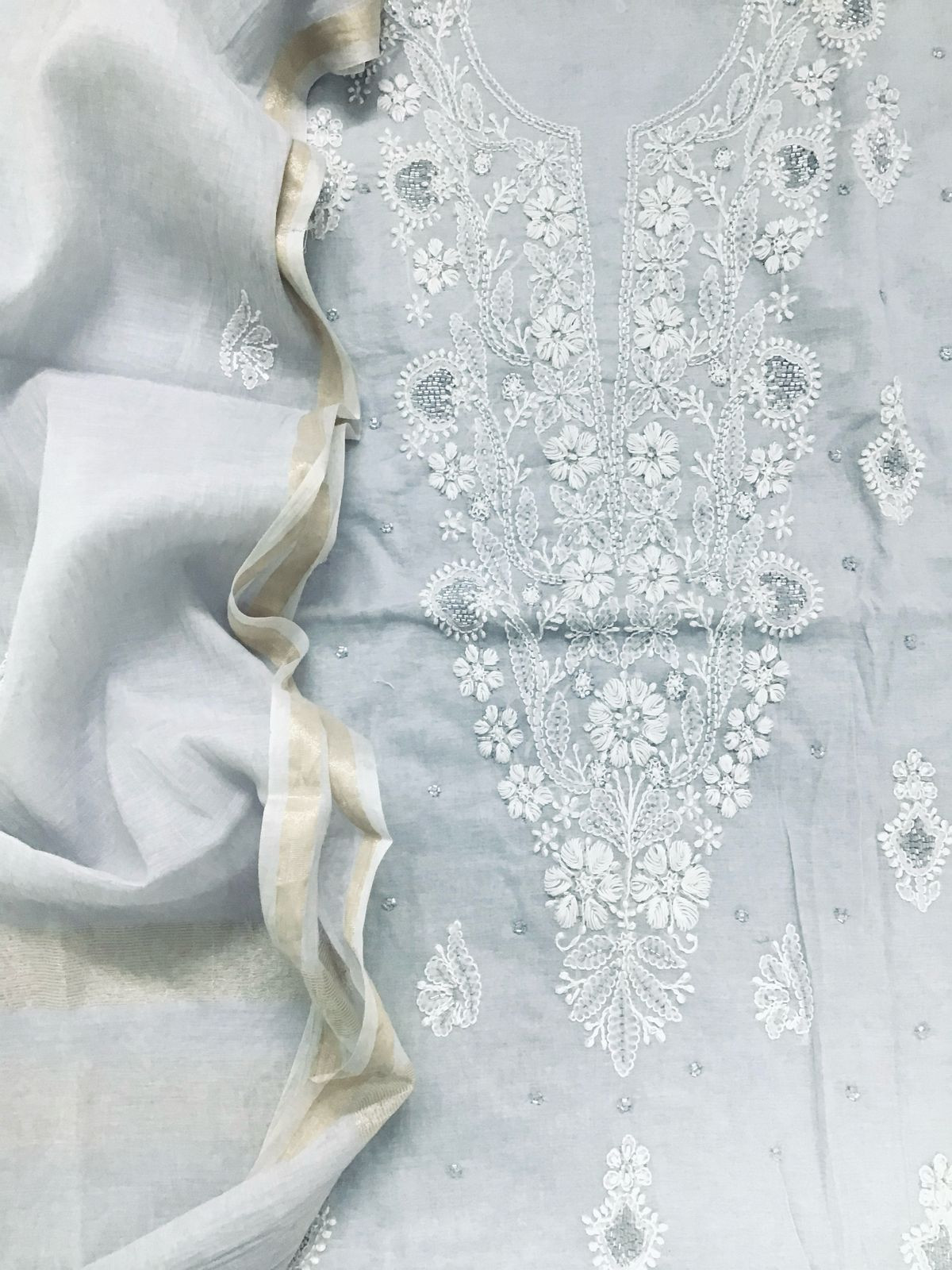 Pure Chanderi Chikankari Work Suit - Grey