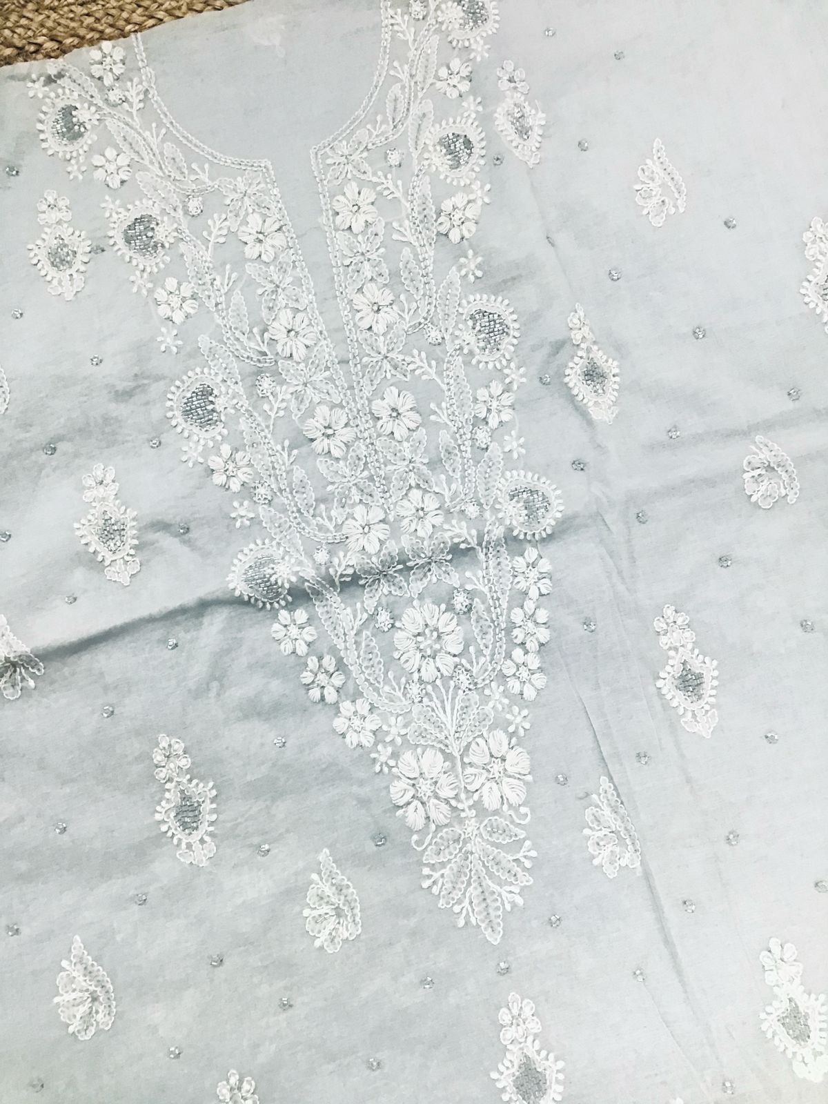 Pure Chanderi Chikankari Work Suit - Grey