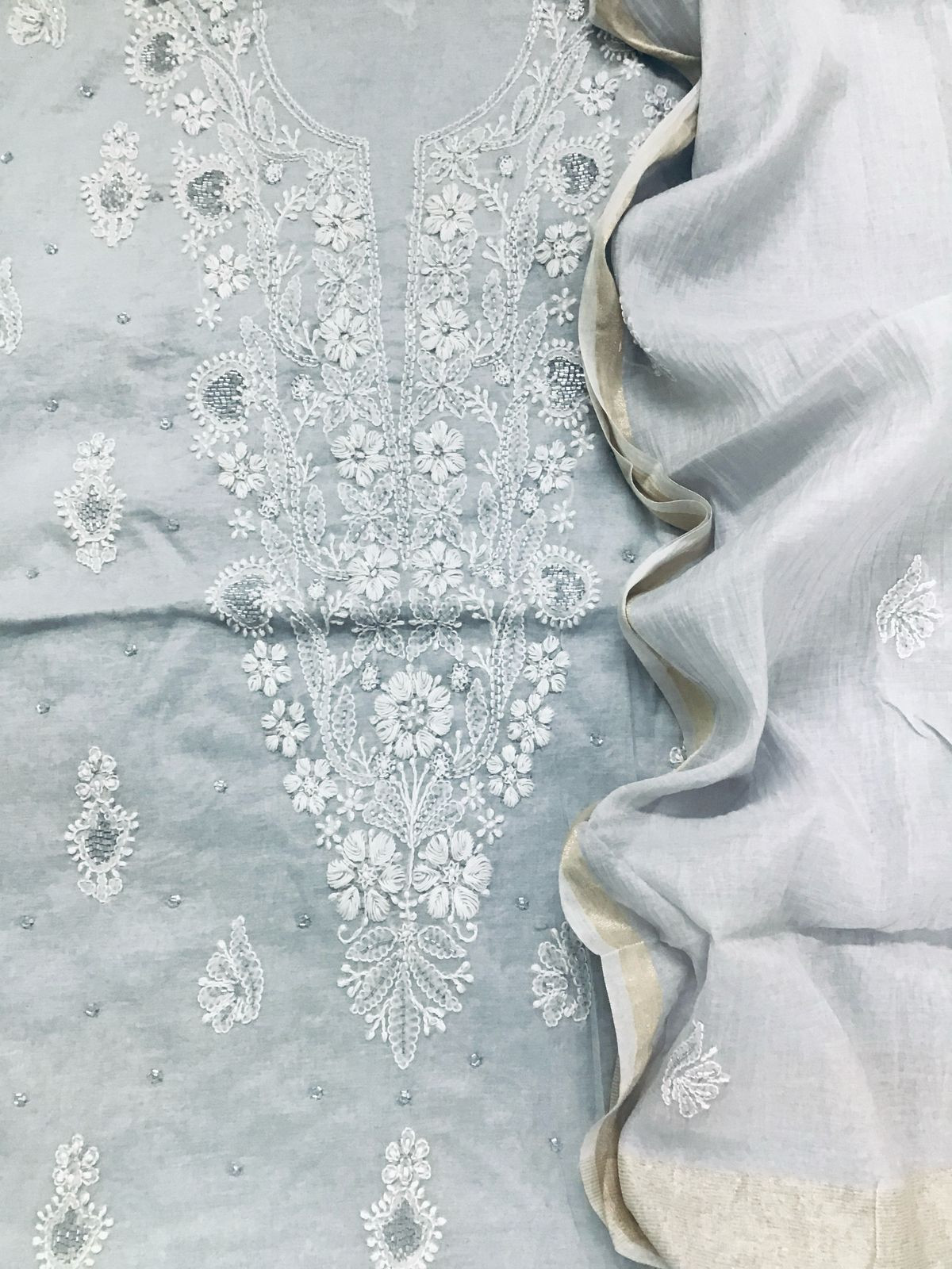 Pure Chanderi Chikankari Work Suit - Grey
