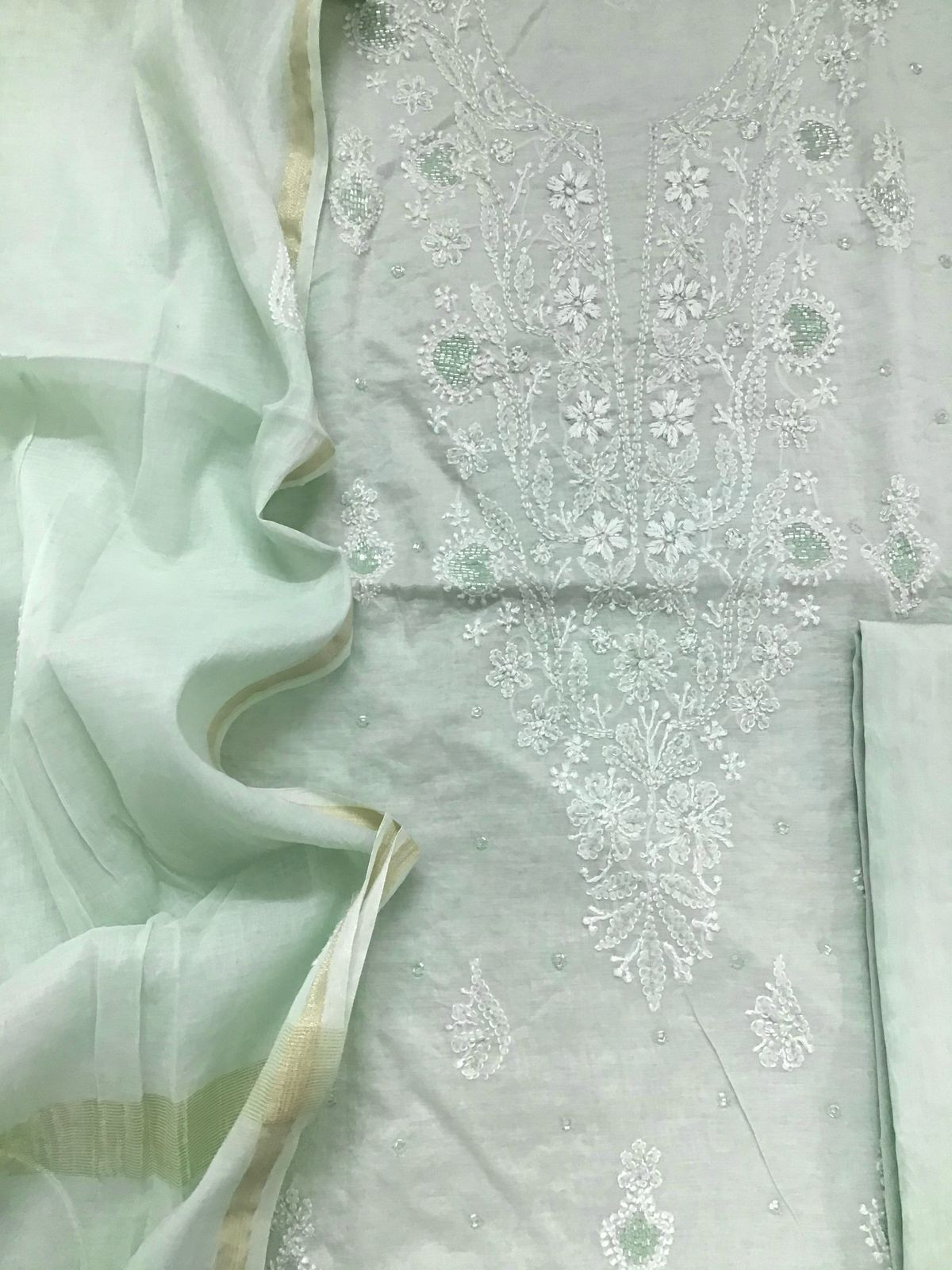 Pure Chanderi Chikankari Work Suit - Green