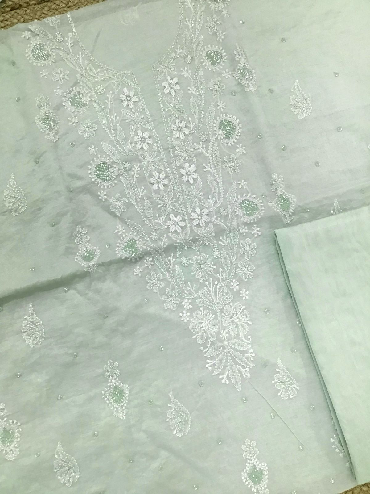 Pure Chanderi Chikankari Work Suit - Green