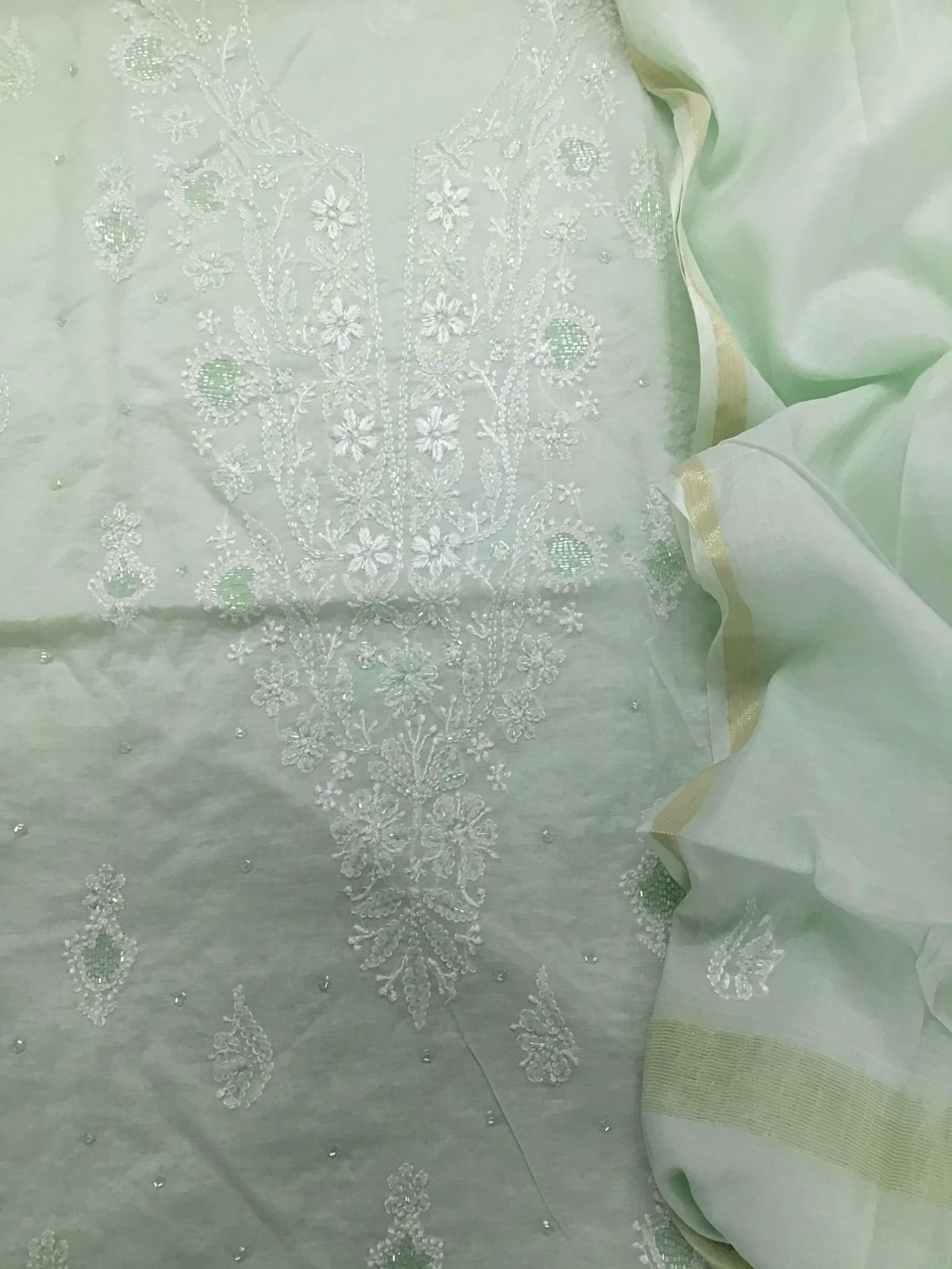 Pure Chanderi Chikankari Work Suit - Green