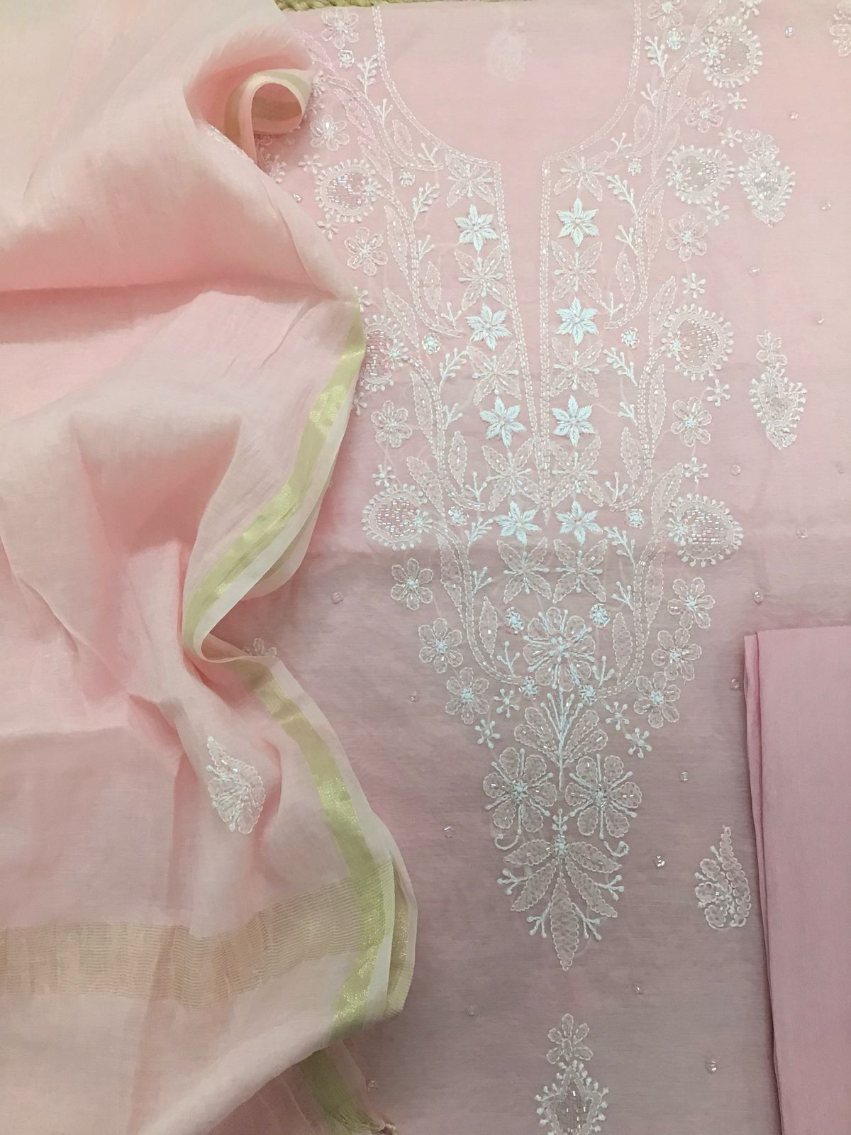 Pure Chanderi Chikankari Work Suit - Peachish Pink