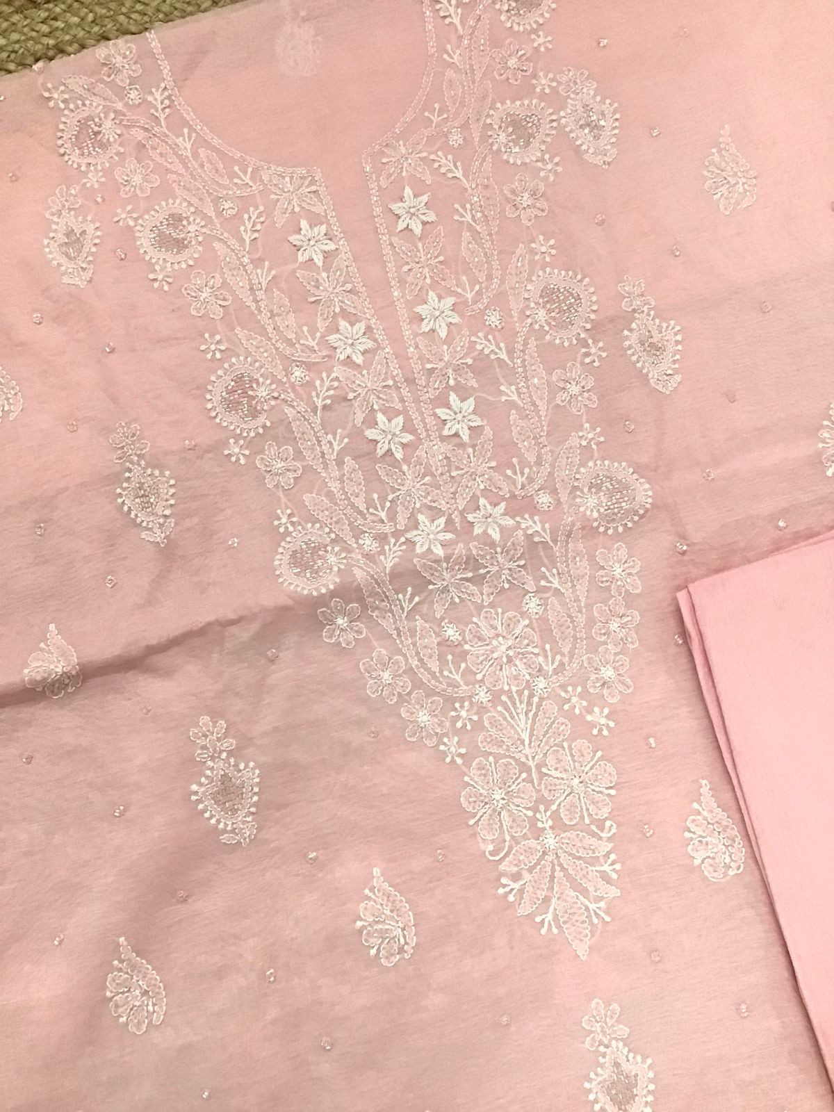 Pure Chanderi Chikankari Work Suit - Peachish Pink