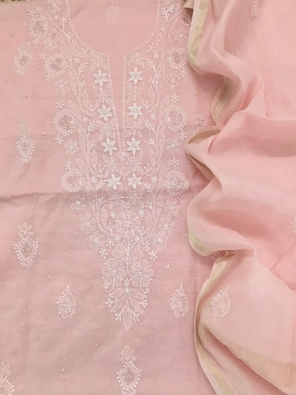 Pure Chanderi Chikankari Work Suit - Peachish Pink