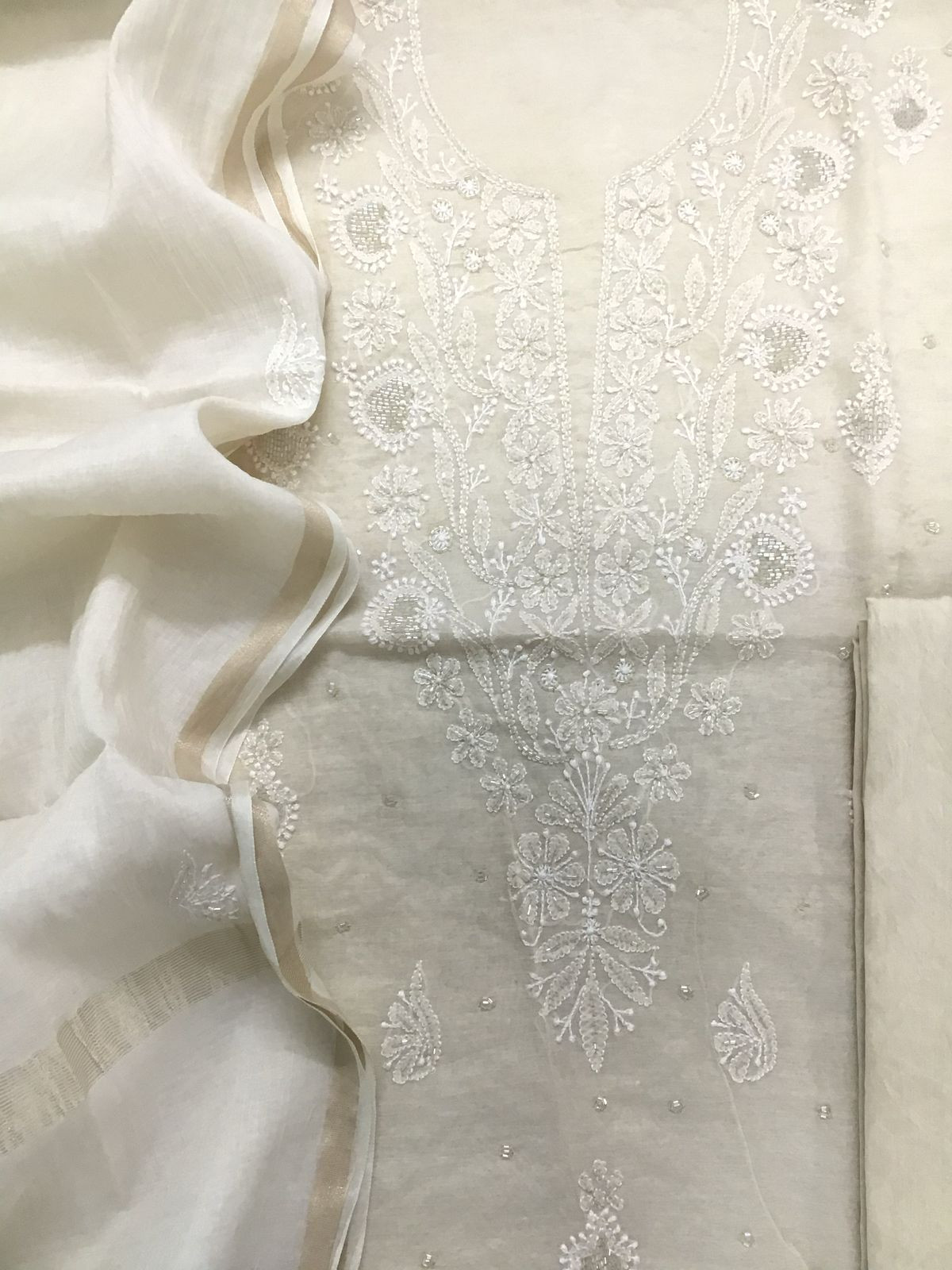 Pure Chanderi Chikankari Work Suit - Cream