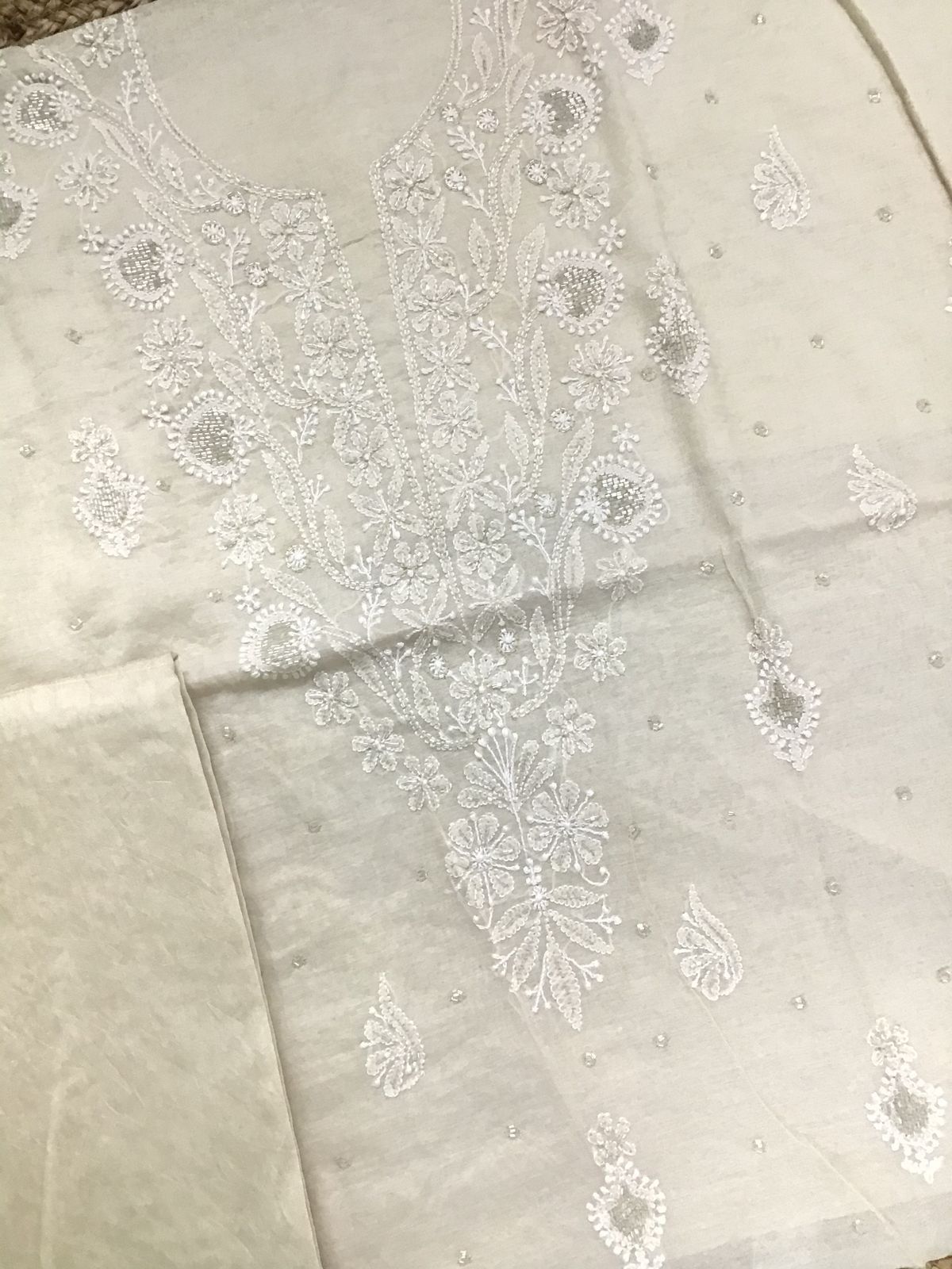 Pure Chanderi Chikankari Work Suit - Cream