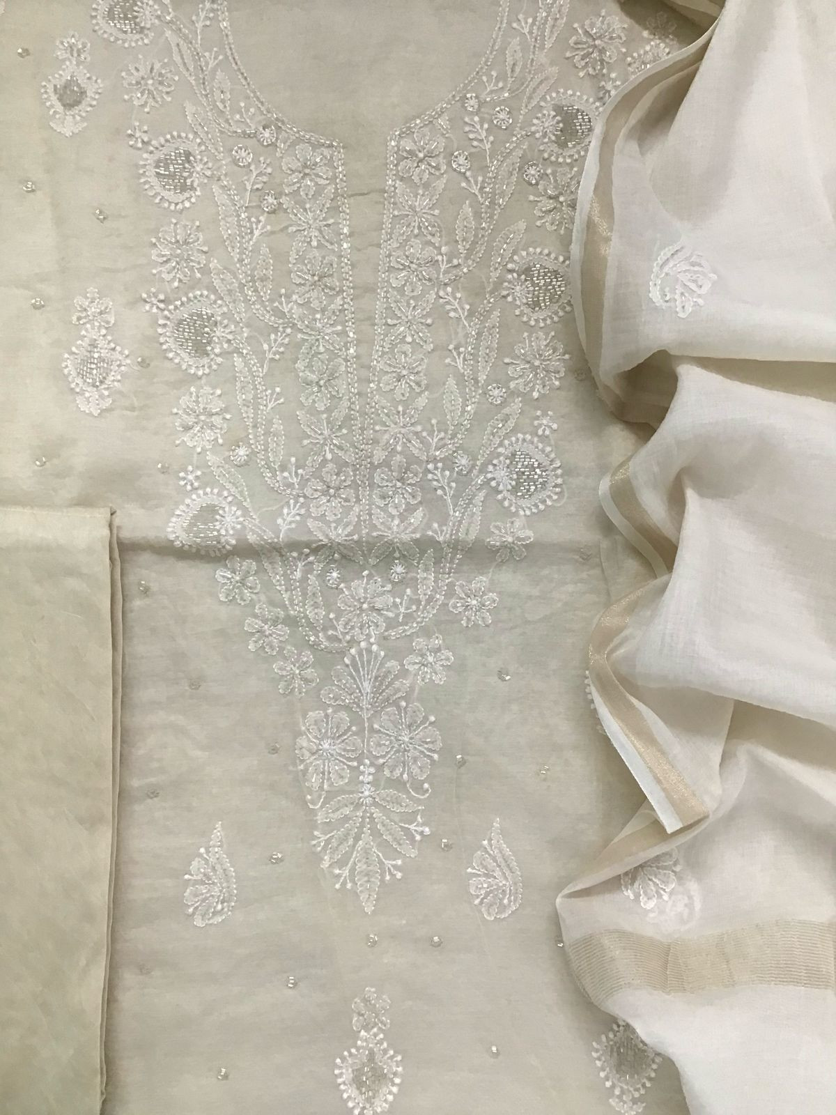 Pure Chanderi Chikankari Work Suit - Cream