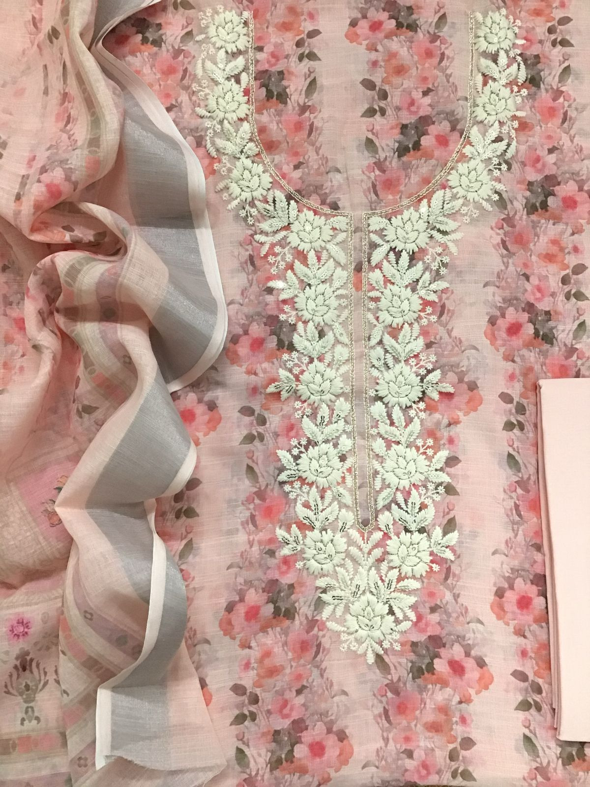 Soft Linen Jute Cotton Printed Embroidered Suit - Pink