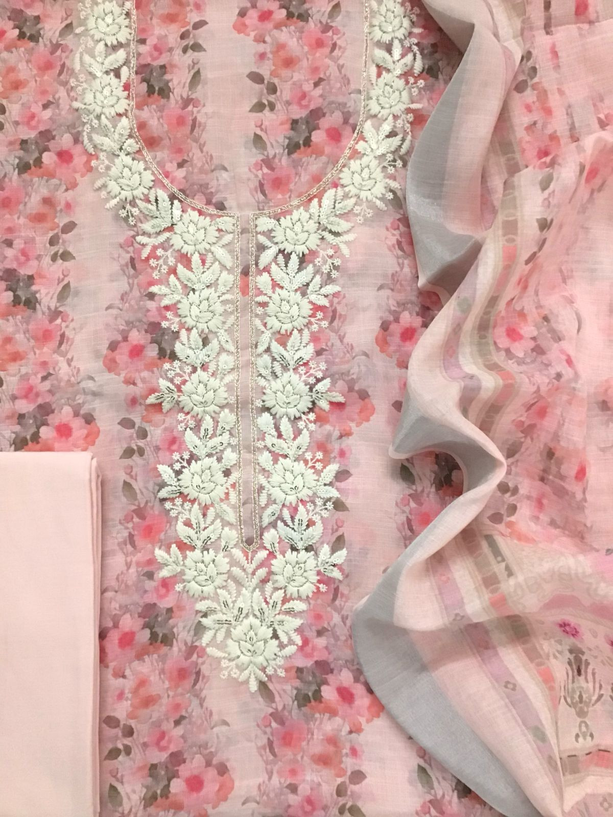 Soft Linen Jute Cotton Printed Embroidered Suit - Pink