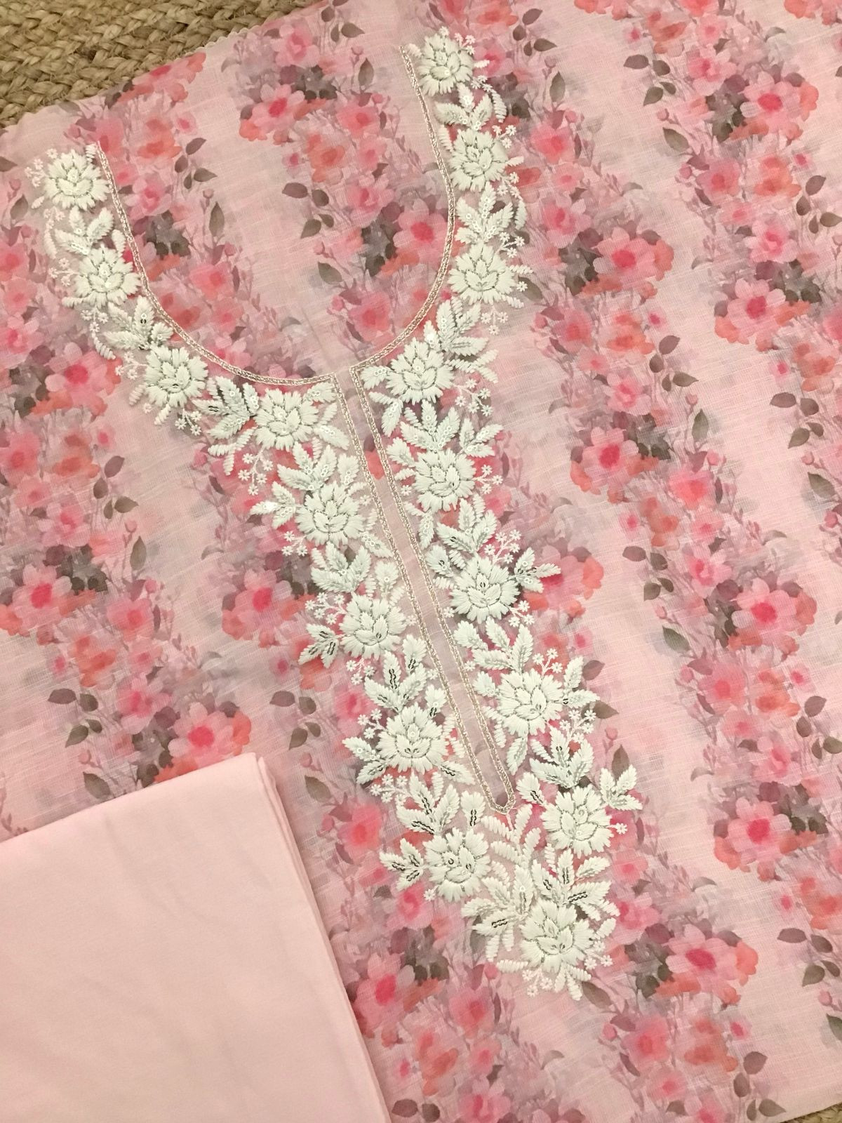 Soft Linen Jute Cotton Printed Embroidered Suit - Pink